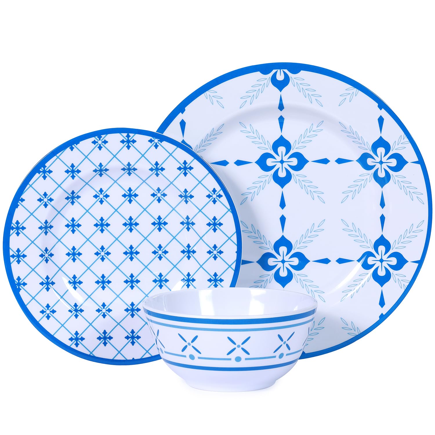 GofunfunMelamine Dinnerware Set for 12，Service for 4 Floral Plates and Bowls Set ，Lightweight Unbreakable Dinner Dishes Set for Indoor and Outdoor Use，Light Blue