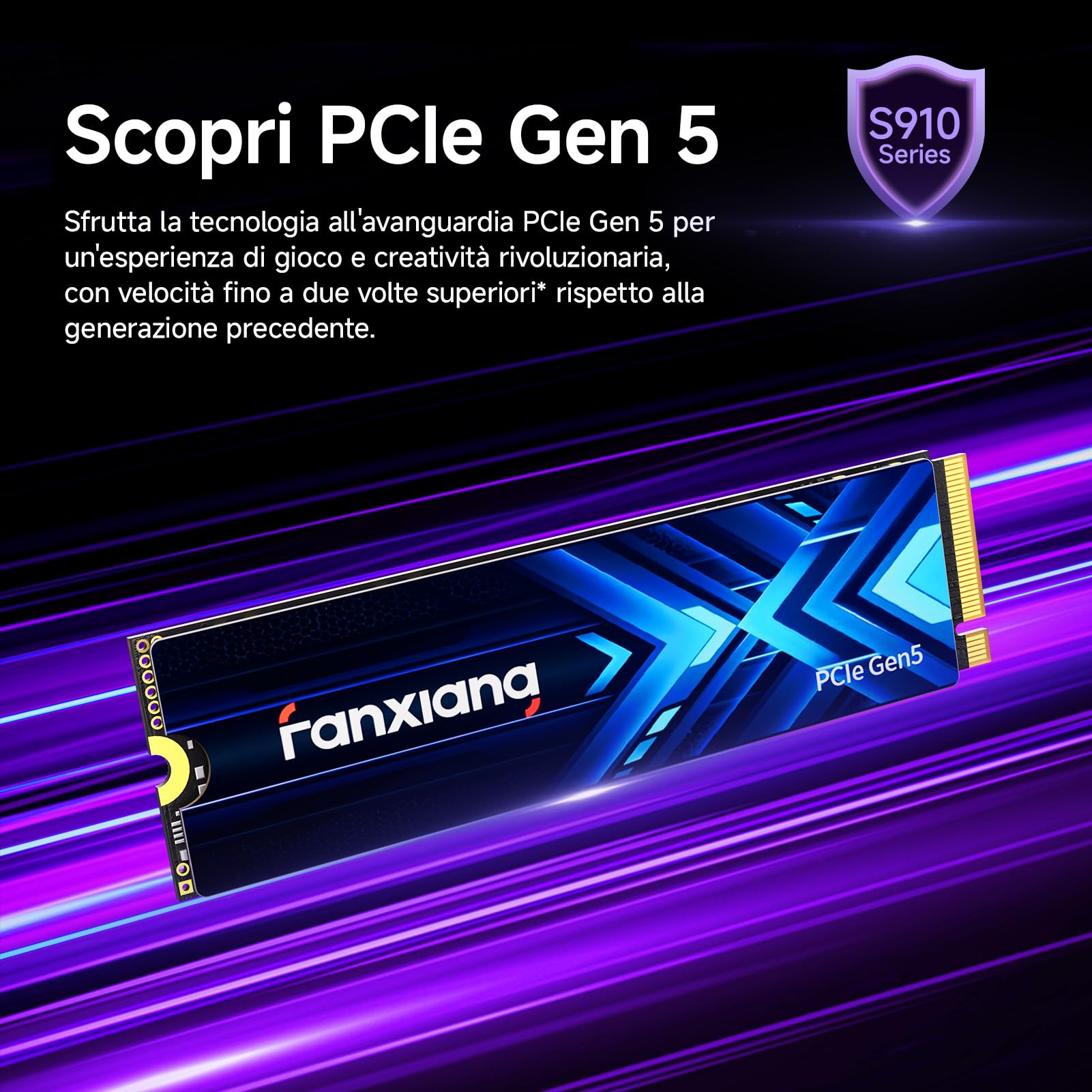 fanxiang SSD NVMe 2TB M.2 2280 PCIe 5.0 DRAM, fino a 14000 MB/s, S910 Pro | 232-layer 3D NAND TLC, LPDDR4 DRAM, NVMe 2.0, DirectStorage, fino a 10000 MB/s in scrittura