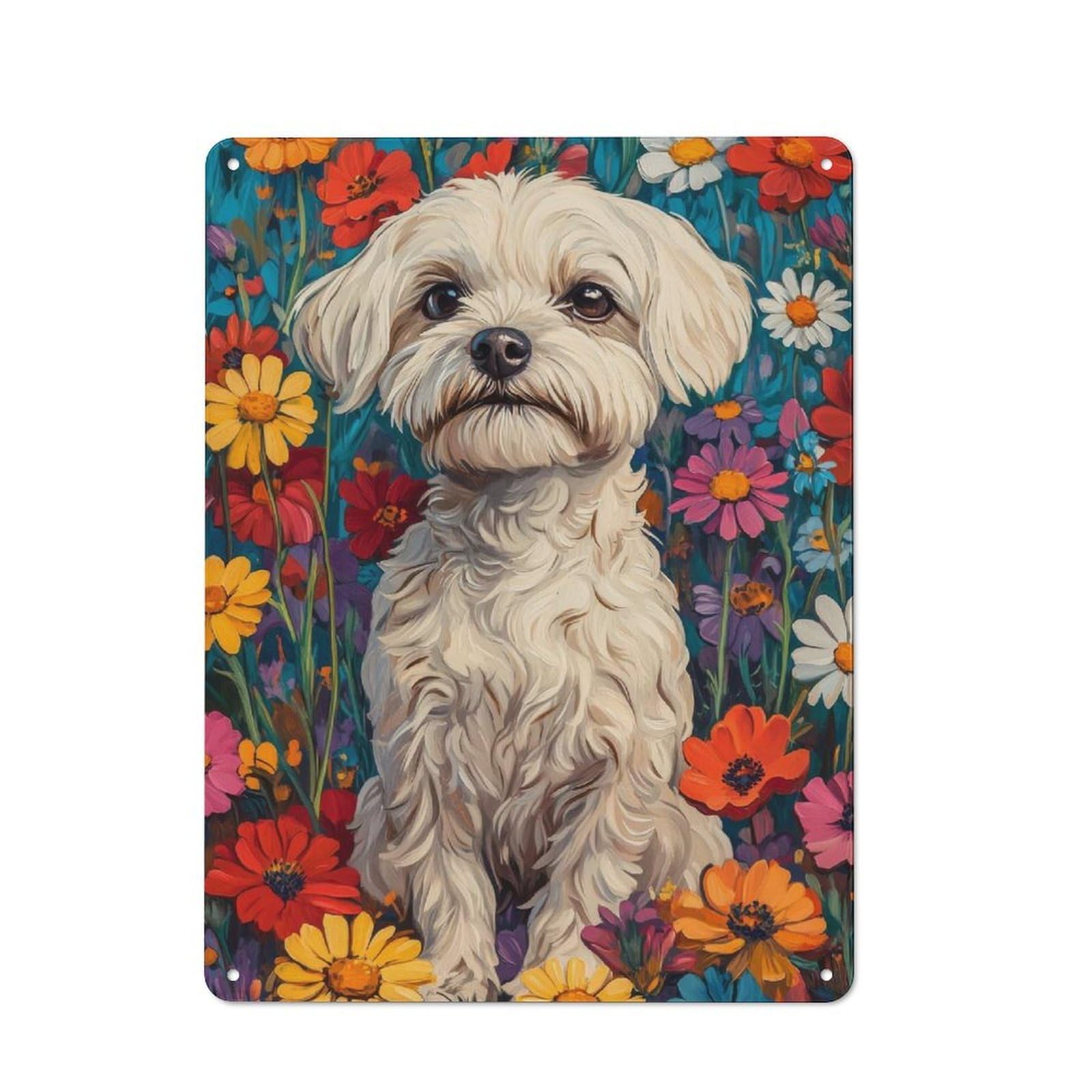 Junmoney Maltese In Wildflower Meadow Dog Wall Art Pr Int White Dog In Flower Field Retro Metal Plaque 40X30cm For Dining Room Or Kitchen, For Kitchen, Dining Room And Home Bar Wall Decor