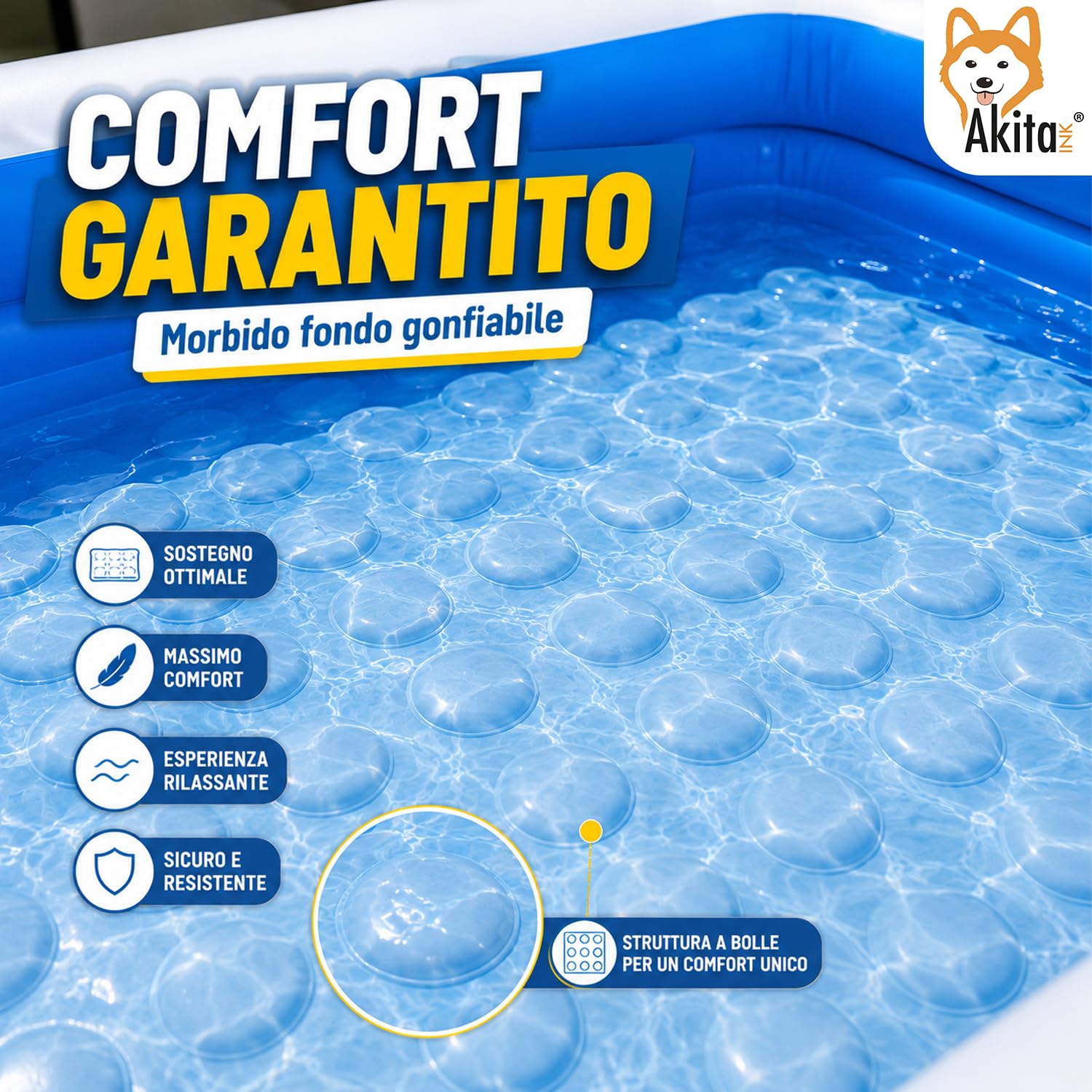 Akitaink Piscina Gonfiabile Rettangolare 200x150x50 cm con Cuscini e Fondo Gonfiabile in PVC Azzurro/Bianco per Bambini dai 3 Anni in Su