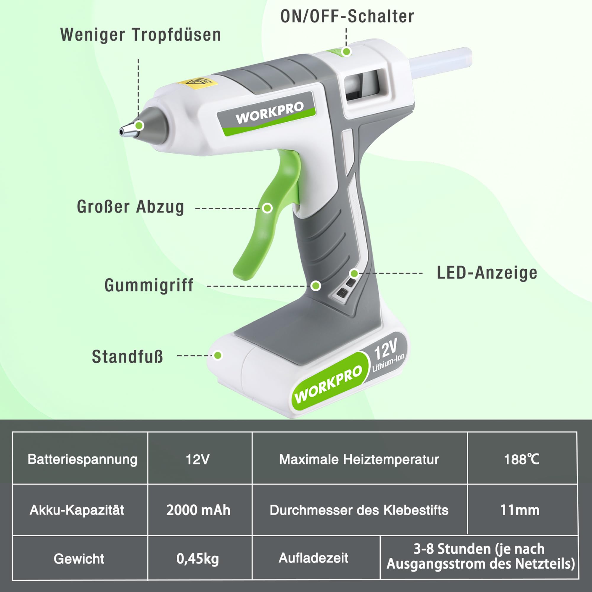 WORKPRO Heißklebepistole Akku kabellos 12V, Akku Klebepistole mit 15 Klebesticks(11 * 200 mm), Schnelles Aufheizen, USB-Aufladung, kabellose Heißklebepistole für Handwerk, Dekoration