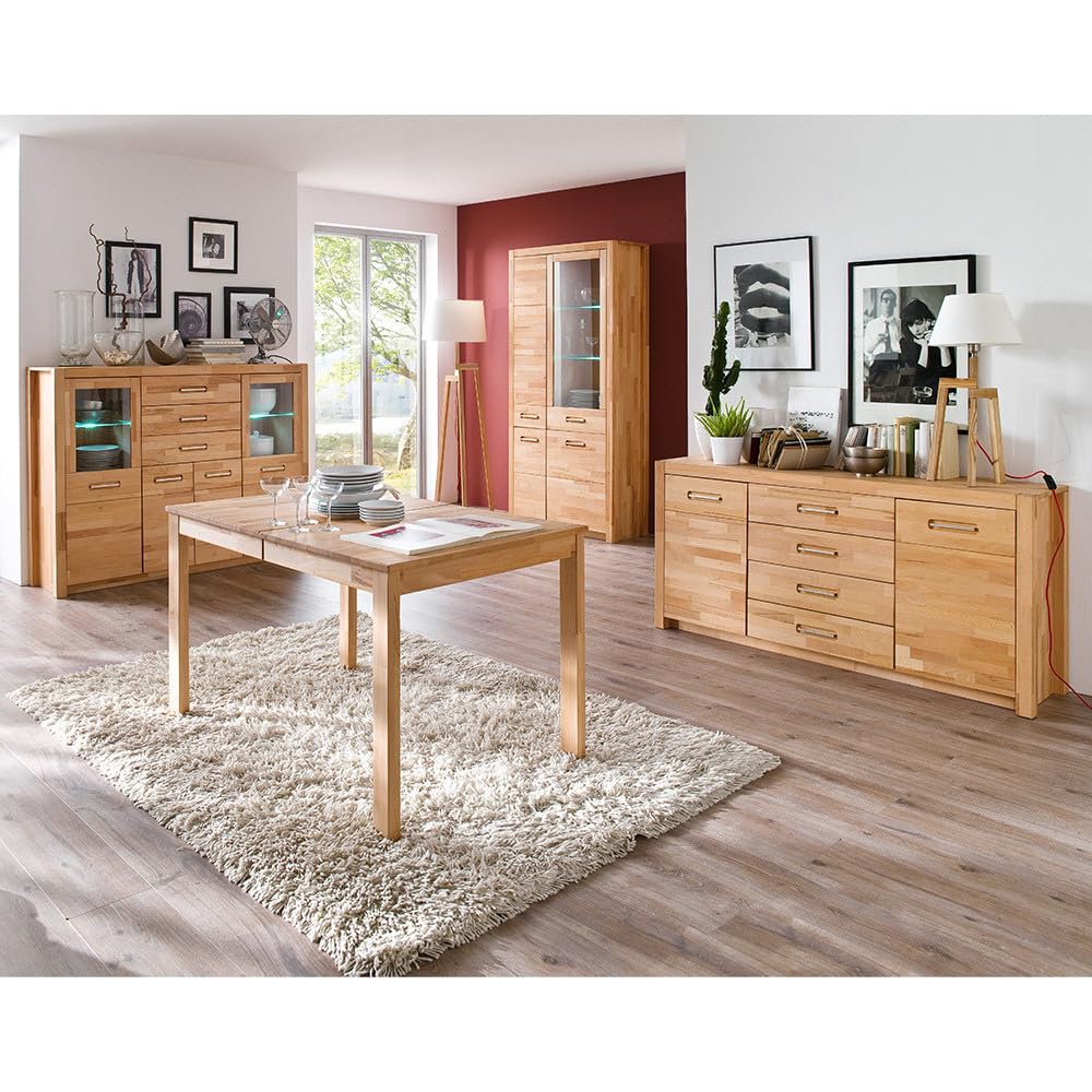 Lomadox Wohnzimmer Highboard Vitrinenschrank mit LED-Beleuchtung, Kernbuche massiv geölt keilgezinkt, Echtholz/Massivholz