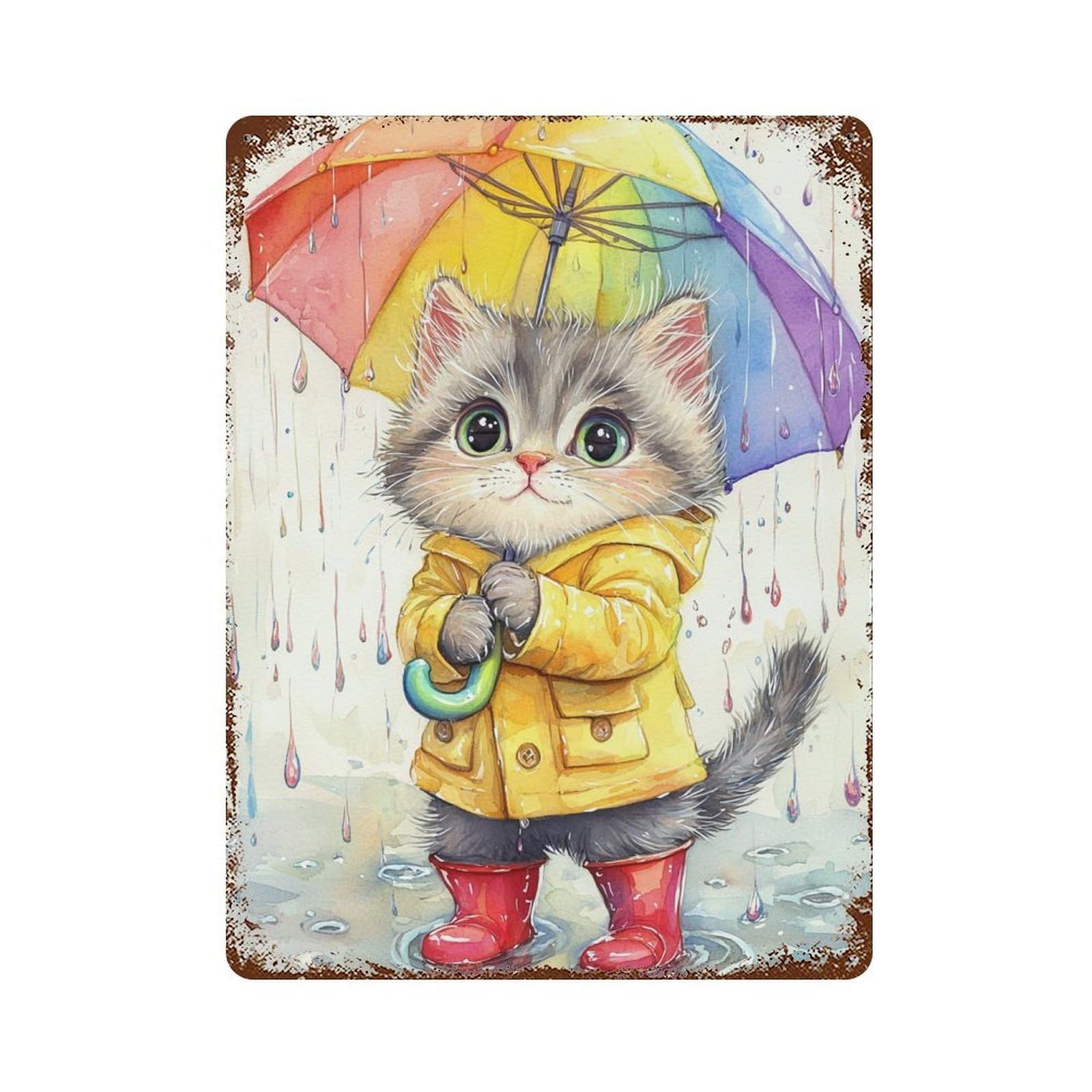 Rainy Day Kitten with Umbrella-10 15.7"x11.8" Retro Metal Sign, Vintage Wall Decor for Office, Studio And Wall Decor