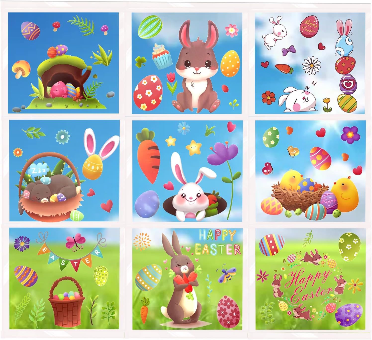 Photo 1 of Easter Window Clings Decorations 9 Sheets Easter Bunny Window Stickers, 90 PCS Eggs Carrot Chick Wall Glass Stickers for Easter Decorations and Spring Window 2 pack