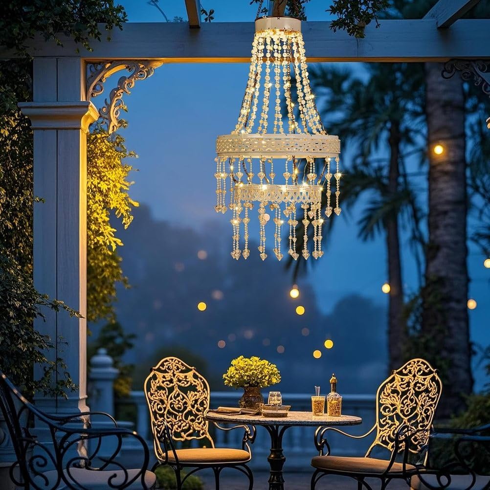 OOWOKS Solar Kristall Kronleuchter Außen Hängelampe IP44 Wasserdicht 3000K Warmweiß Solar Hängelampe mit Acryl Perlen Automatische Ein/Aus für Pergola Baum Terrasse Garten Hochzeitsdeko