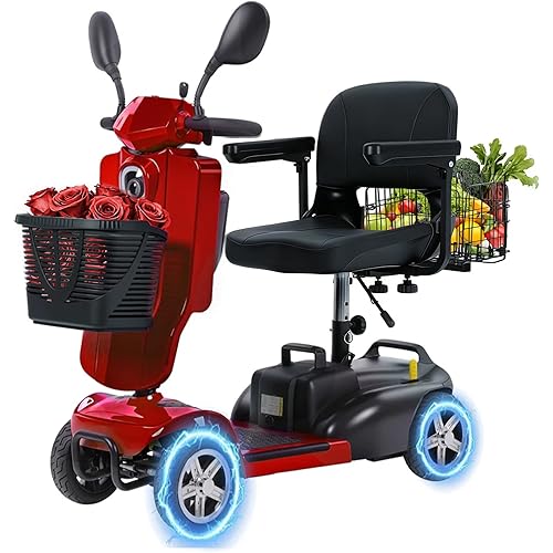 15/30 Miles 4 Wheels Mobility Scooter for Seniors/Adults Up to 300LBS,7MPH Electric Wheelchair Detachable Battery,Dual Baskets,Taillight,USB Charging Red Pro