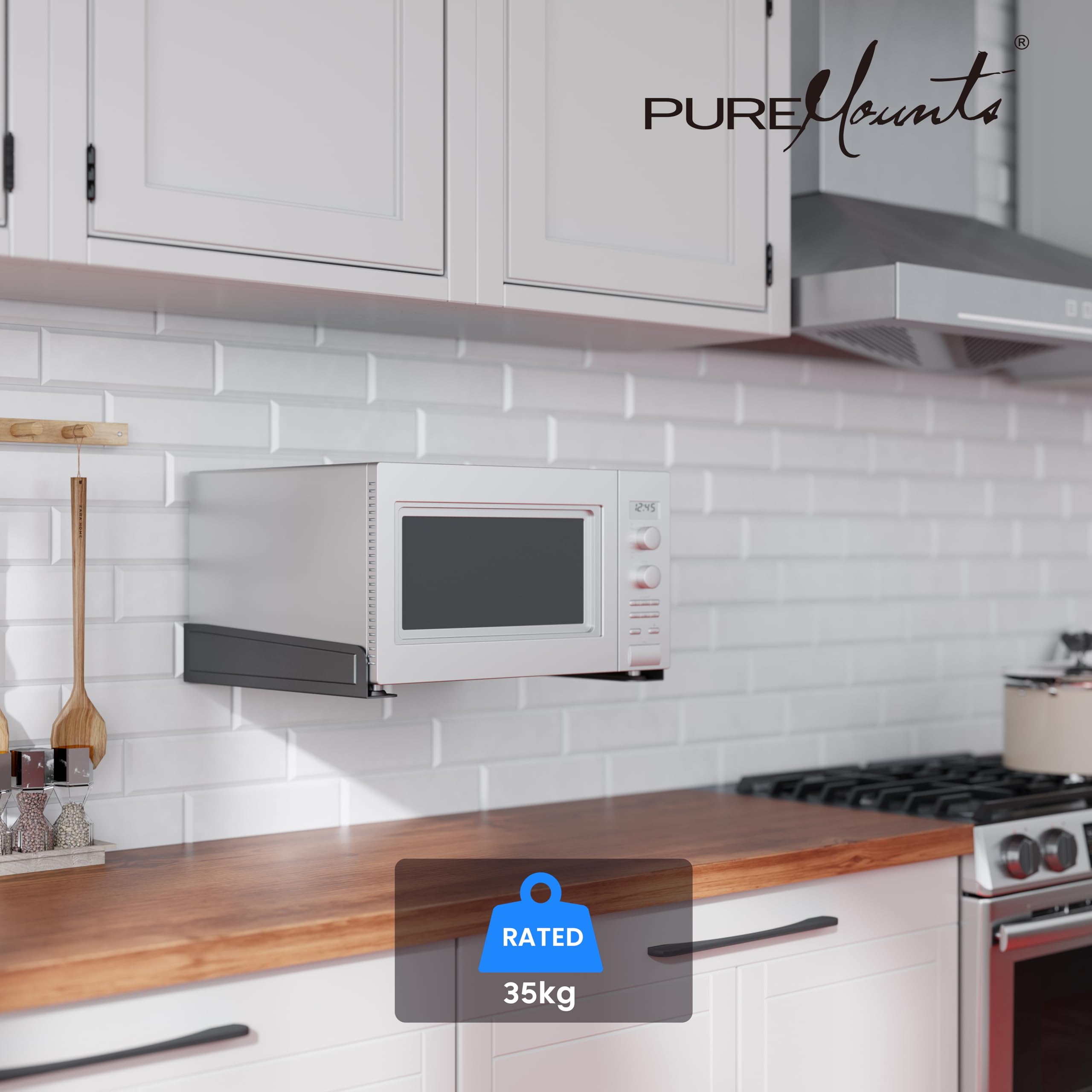 PureMounts Uchwyt do kuchenki mikrofalowej, uchwyt ścienny, uniwersalny uchwyt do kuchenki mikrofalowej i kuchenki mikrofalowej do 35 kg, uchwyt ścienny do kuchenki mikrofalowej, czarny