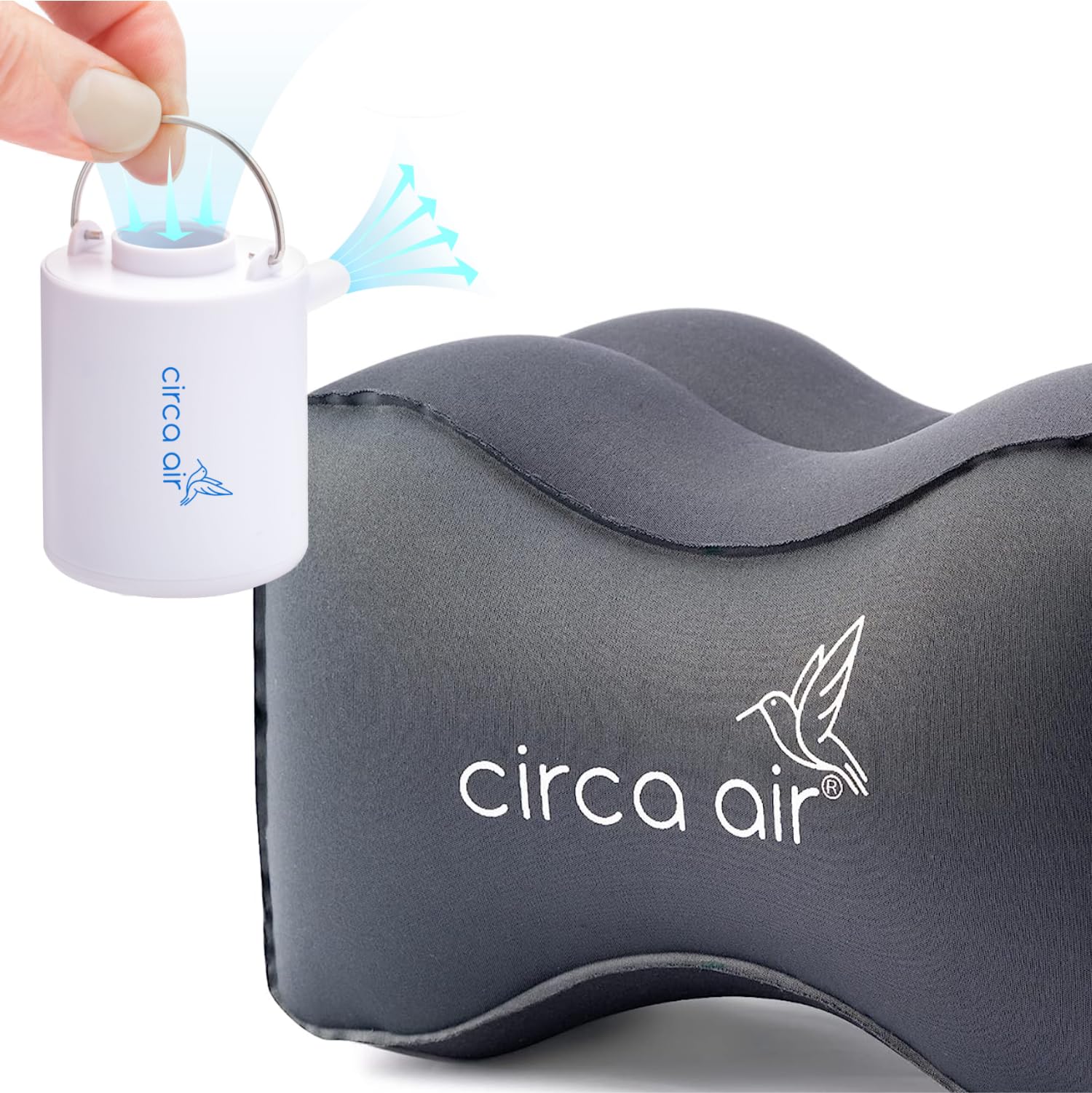 Circa AirInflatable Knee Pillow (Gray) and Mini Pump Bundle - Travel Knee Pillow for Side Sleepers, Sciatica Relief, or Joint Pain + Rechargeable USB Mini Air Pump, Small Portable Travel Pump