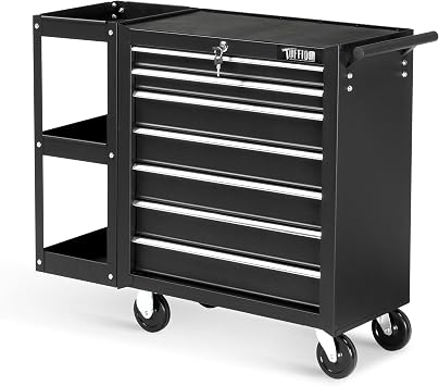 TUFFIOM 7-Drawer Rolling Tool Chest with Side Shelves, Tool Storage Side Cabinet w/Lockable Wheels, Top Cushion & Drawer Liners, Tool Organizer Box for Garage, Warehouse & Repair Shop
