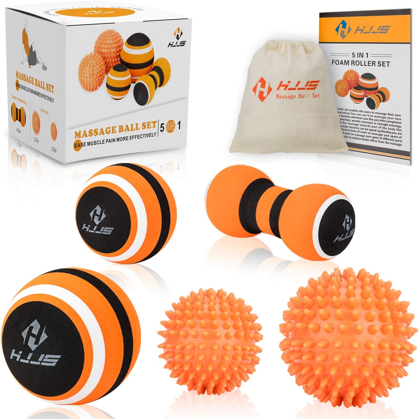Massage Ball Set for Myofascial Release, Trigger Point Therapy, Muscle Knot Remover and Plantar Fasciitis with Instruction Book. (Set of 5)