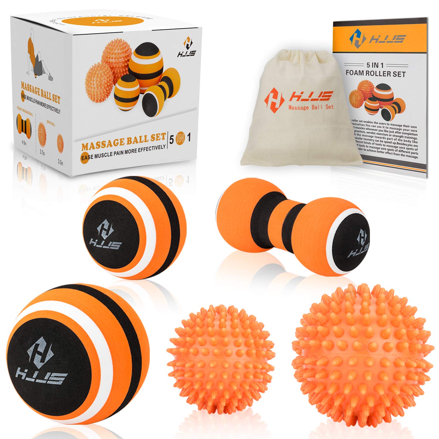 Massage Ball Set for Myofascial Release, Trigger Point Therapy, Muscle Knot Remover and Plantar Fasciitis with Instruction Book. (Set of 5)