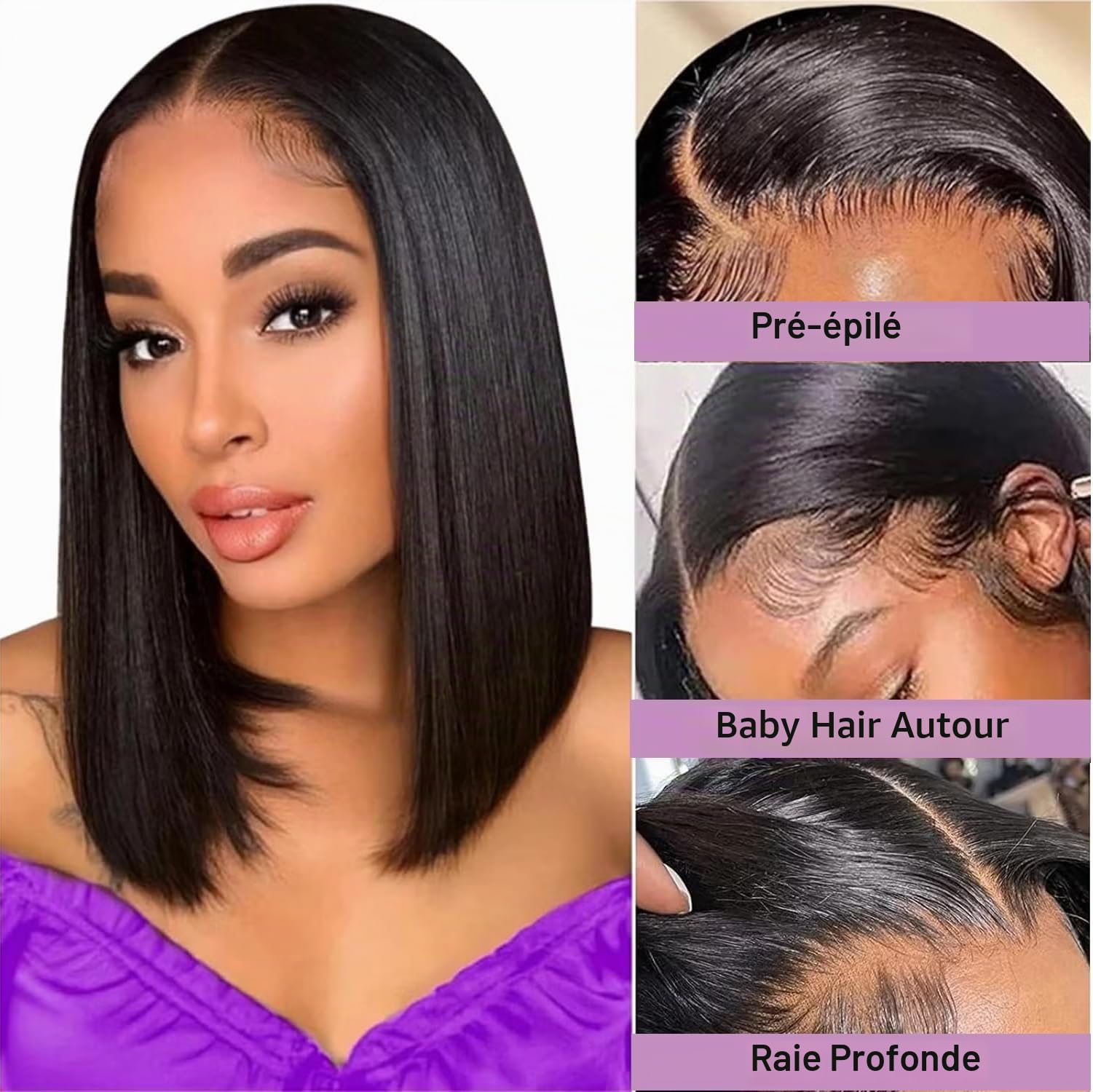 Perruque Bresilienn Cheveux Humain 13×4 Lace Frontal Bob Wig 180% Density Perruque Femme Naturelle Courte Straight Bob Lace Wig Human Hair Couleur Naturelle 14 Pouces for Women