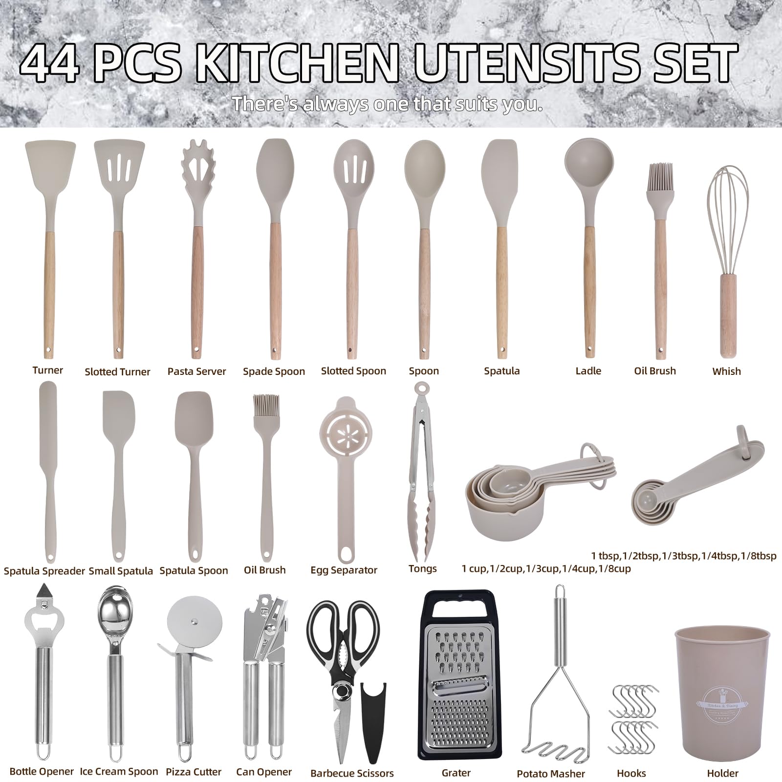 Kitchen Utensils Set,Vegoran 44PCS Silicone Cooking Utensils Set for Nonstick Cookware,446? Heat Resistance Silicone Spatulas Set, Wooden Handles Kitchen Gadgets Tools Set (Khaki)