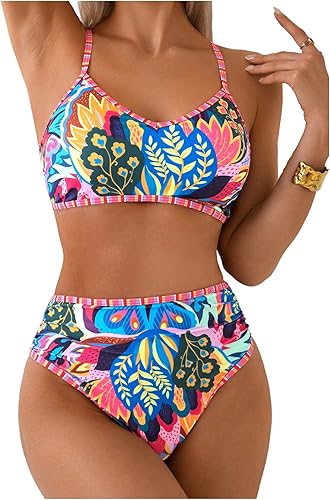 MakeMeChic Women's High Waisted Bikini Sets Bathing Suit Swimsuit Tropical Boho 