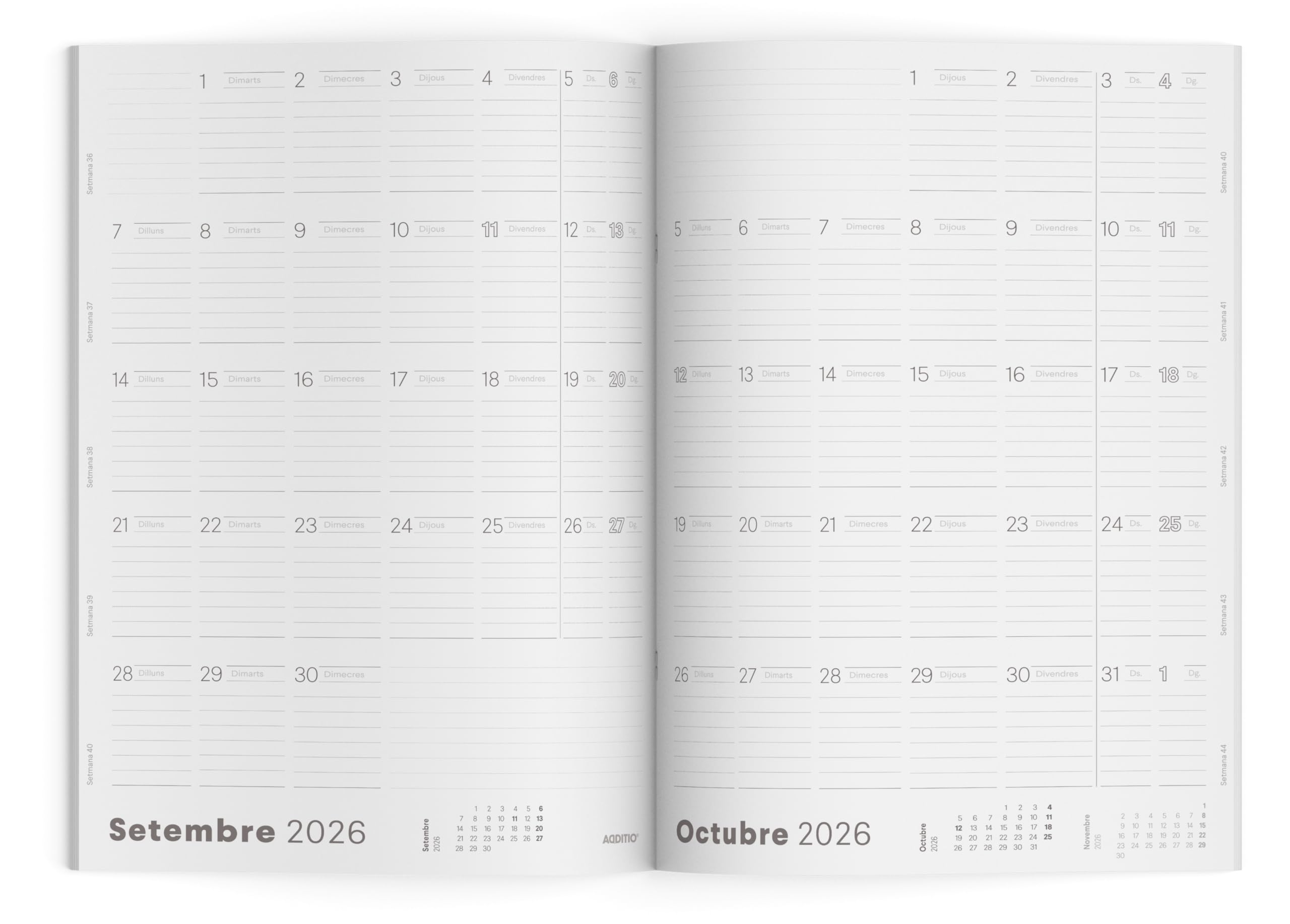 ADDITIO - Agenda G para el profesorado | Planificador mensual | 16 meses | Anotaciones | Tamaño 19,5 x 28,5 cm. | Catalán | Azul Turquesa | Verde Oliva