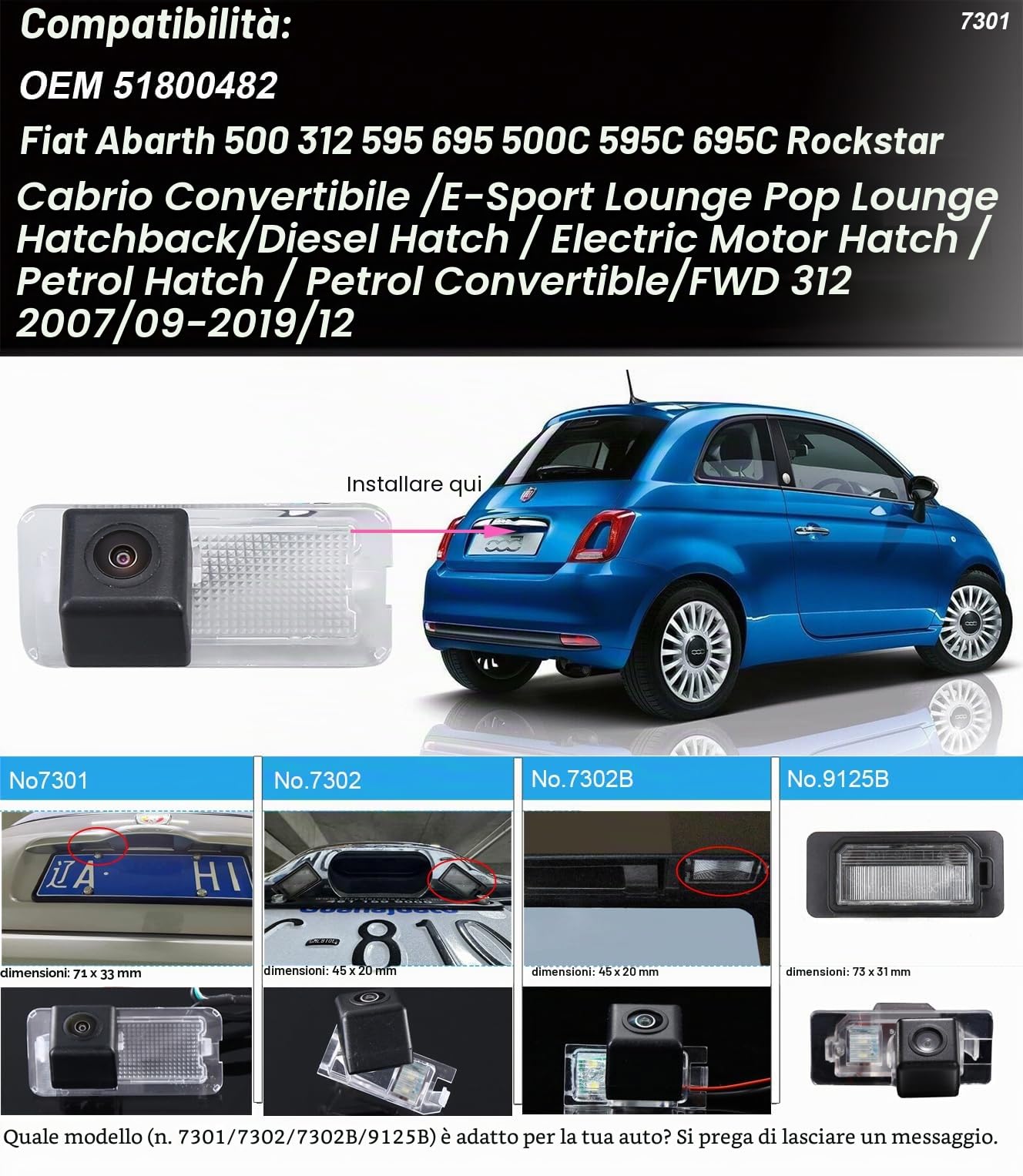 telecamera per retromarcia HD per Fiat 500/Abarth 500 - Assistenza al parcheggio - Telecamera impermeabile 2007-2022
