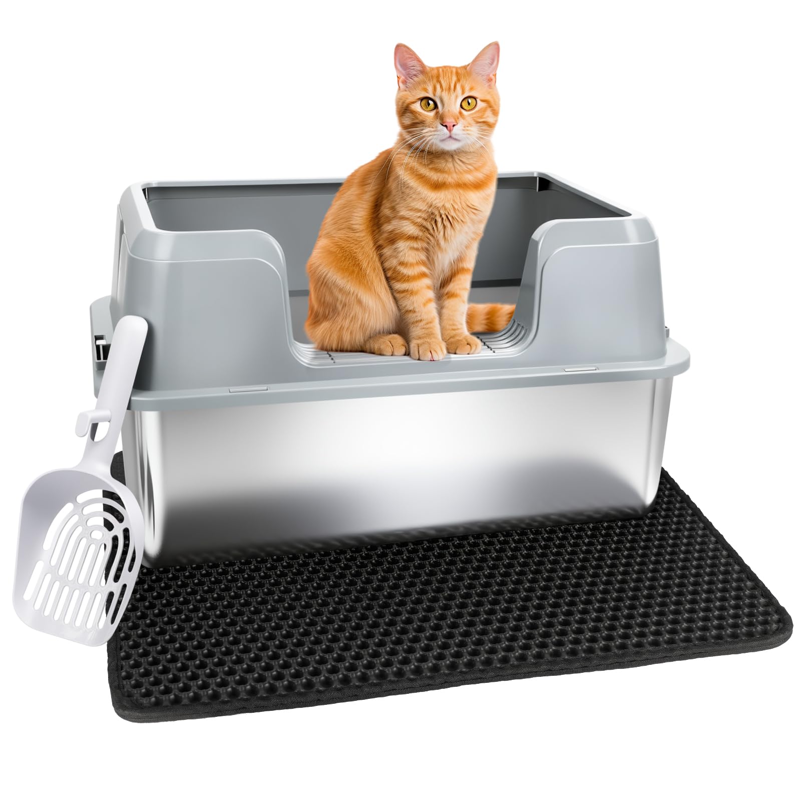 Vivifying Arenero Cerrado para Gatos de Acero Inoxidable con Tapa, Acero Inoxidable con Pala de Metal, Felpudo para Esparcir (S-gris)