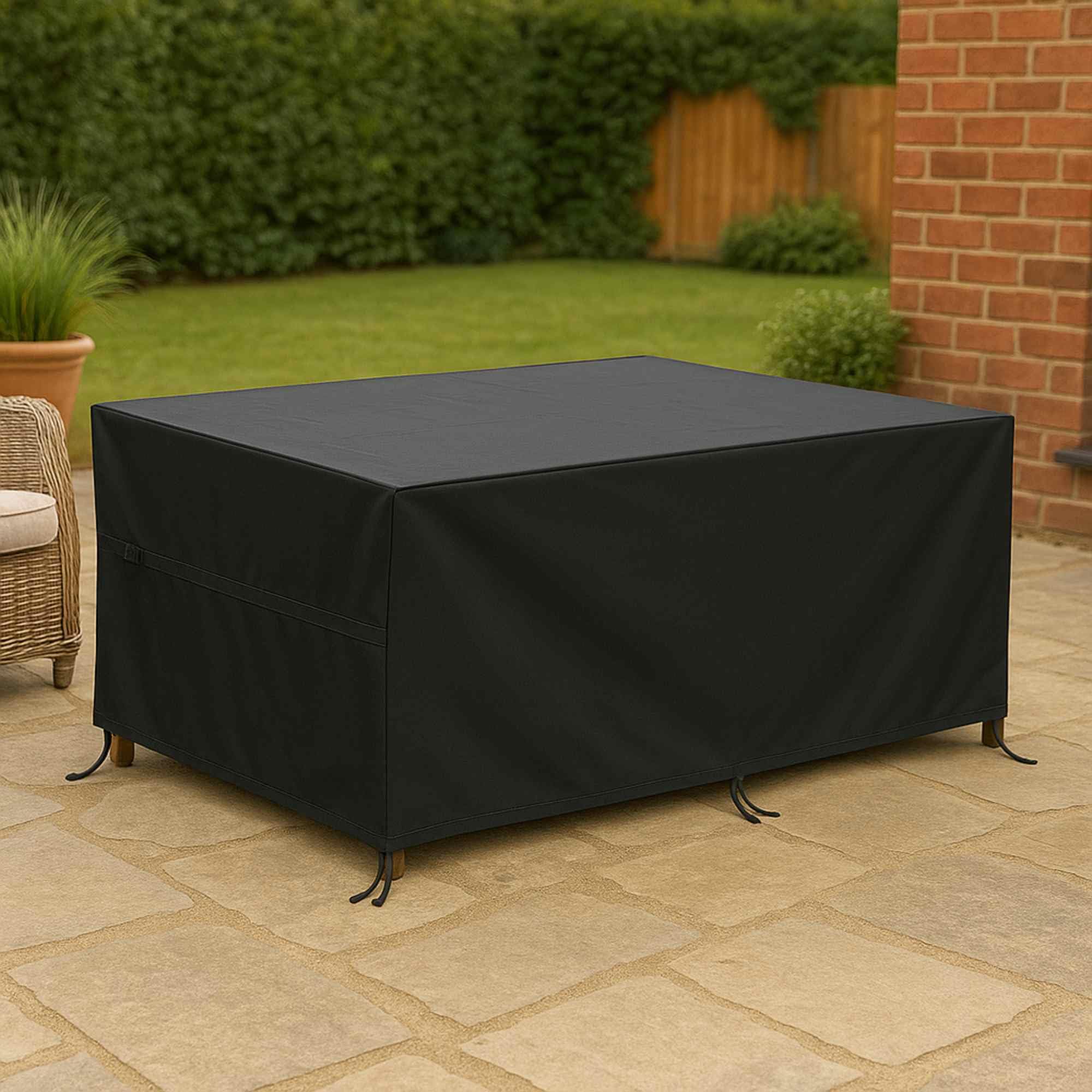 Funda rectangular para mesa de exterior 165x115x80cm en poliéster negro con bolsa de transporte