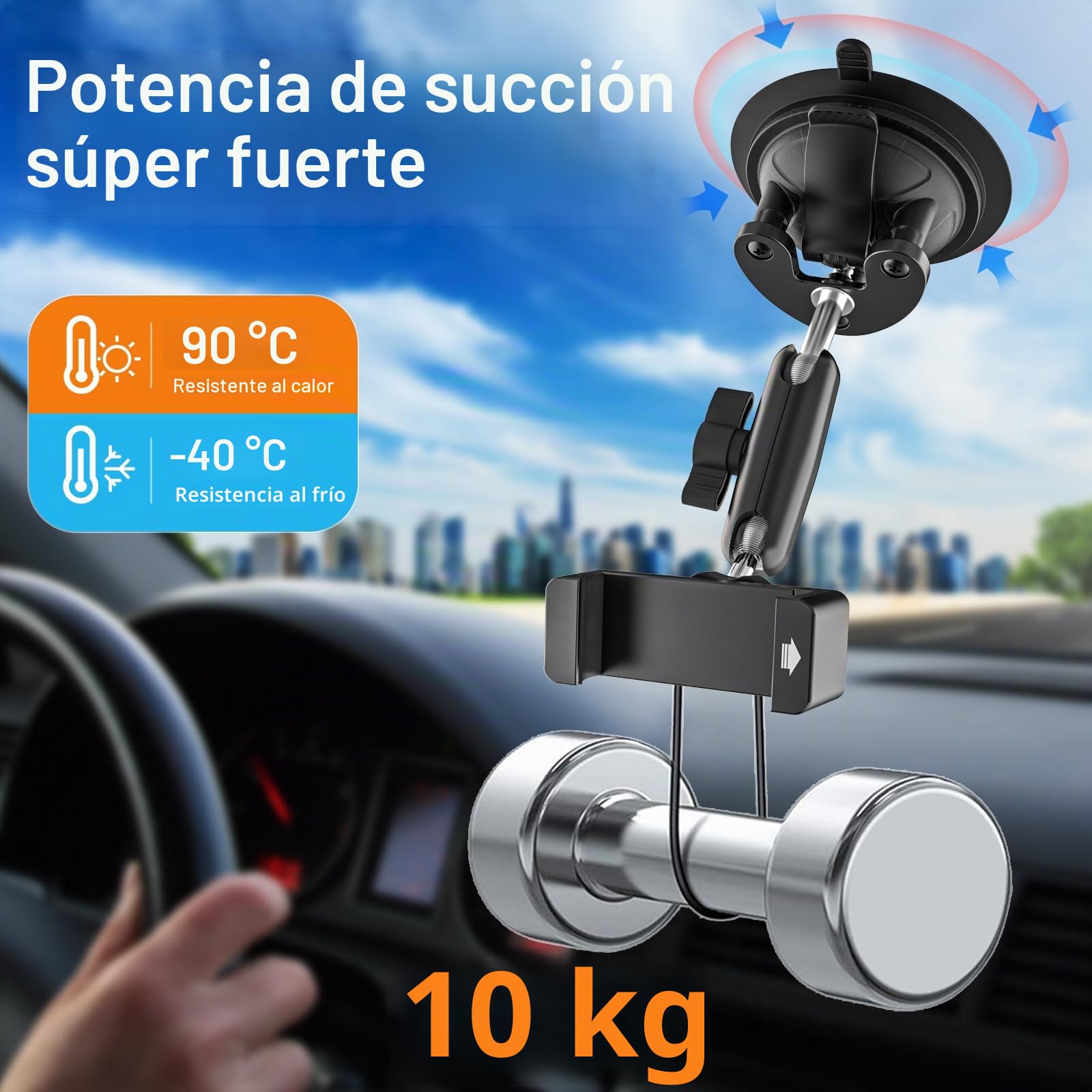 Soporte Móvil Tractor/Coche Metálico - Brazo Ajustable de Aluminio | Soporte Teléfono Salpicadero Parabrisas Ventana con Ventosa Grande para Todos los Móvils, iPhone 17 16 Pro Max, Pixel, etc