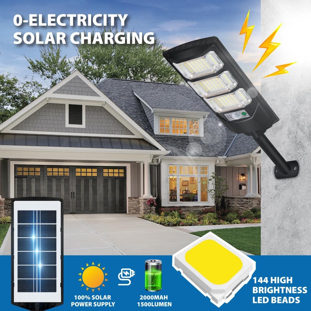 Solar Outdoor Light 2 Pack, 144 LED 6500K Dusk to Dawn Solar Powered Street Light IP65 Waterproof Motion Sensor Security Flood Light with Remote Control Smart Light for Patio Barn Yard Garage