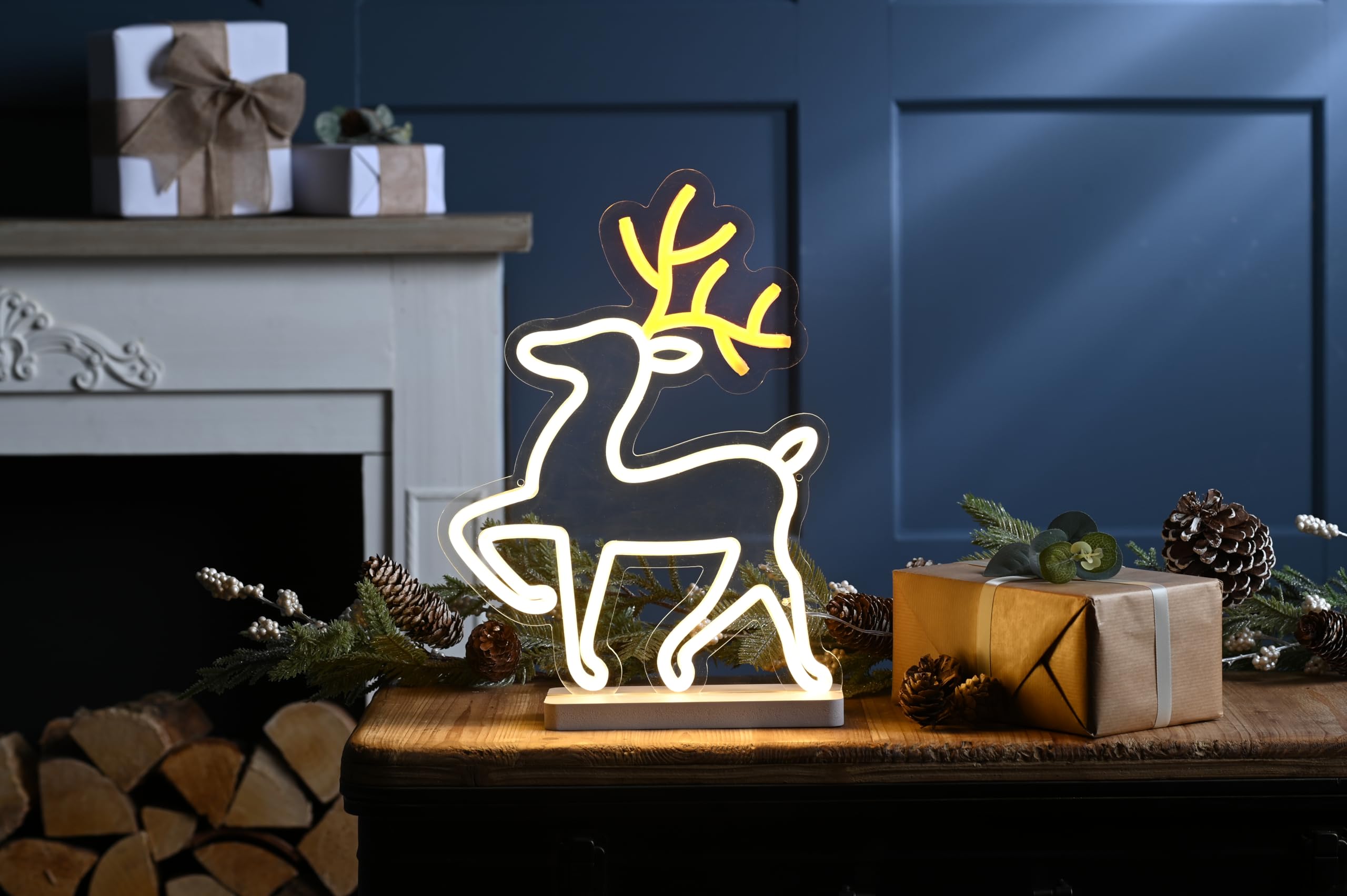 Festive Productions Multicolour 36Cm Reindeer Neon Flex Led Light Sign – Warm White And Yellow Led Reindeer Decoration On Base – Indoor Christmas Light With 215 Leds And 3M Lead Cable