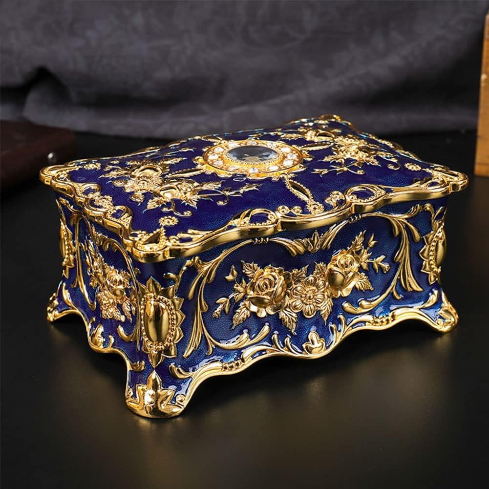 Luxury Vintage Rectangle Metal Alloy Jewelry Box Trinket Organizer Storage Box with Rose Pattern for Women, Girls, Two-Layer Design, Gold & Blue, Large