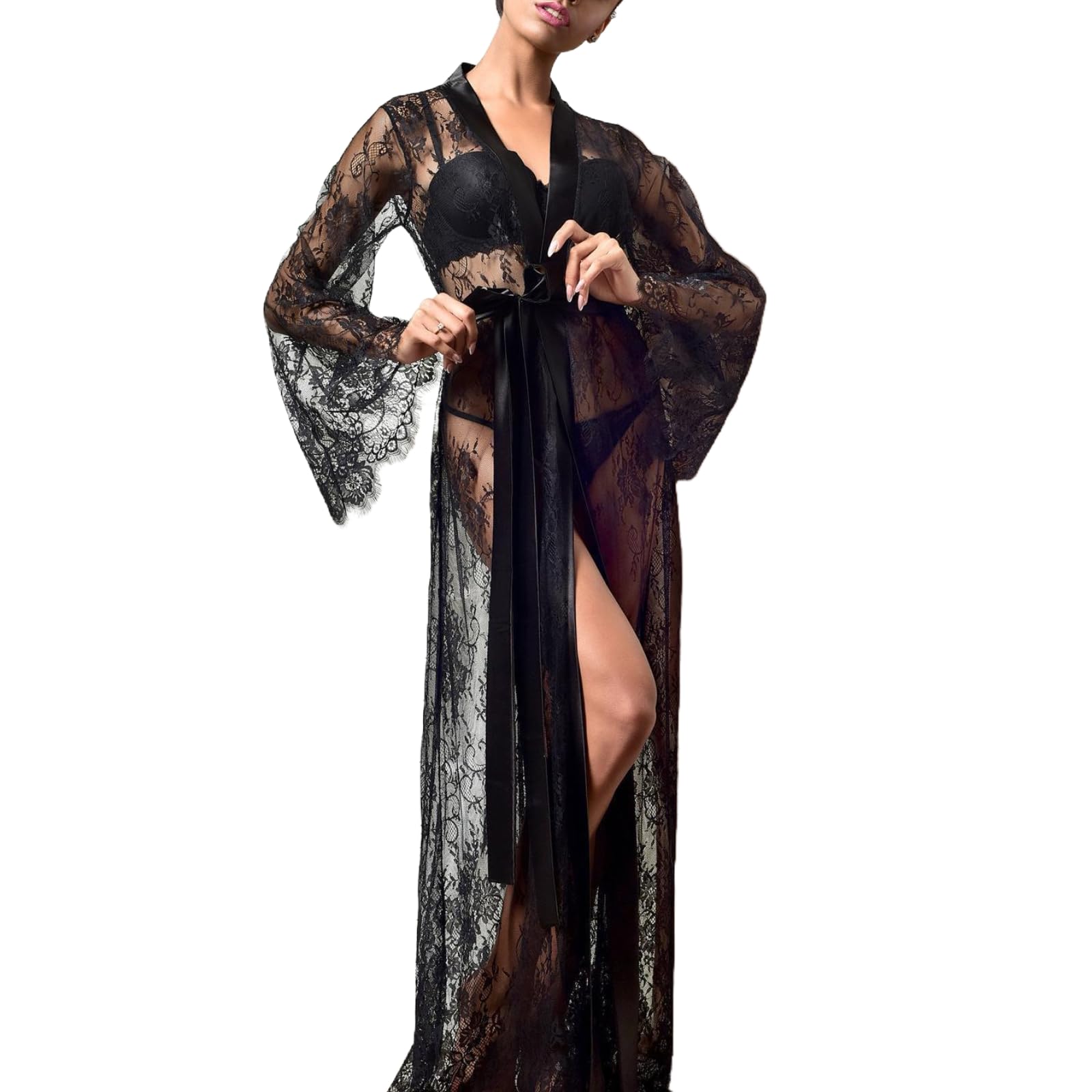 ZWCHGJ Szlafroki, długie prześwitujące koronkowe szaty kimono prześwitujące szlafroki z siateczki tiulowa koszula nocna maxi elegancka koszula nocna bielizna nocna, na bieliznę nocną sukienka dla