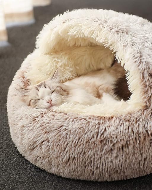 Cama para gatos, de felpa suave, con forma de cueva; casa para gatos en interiores y cojín para dormir