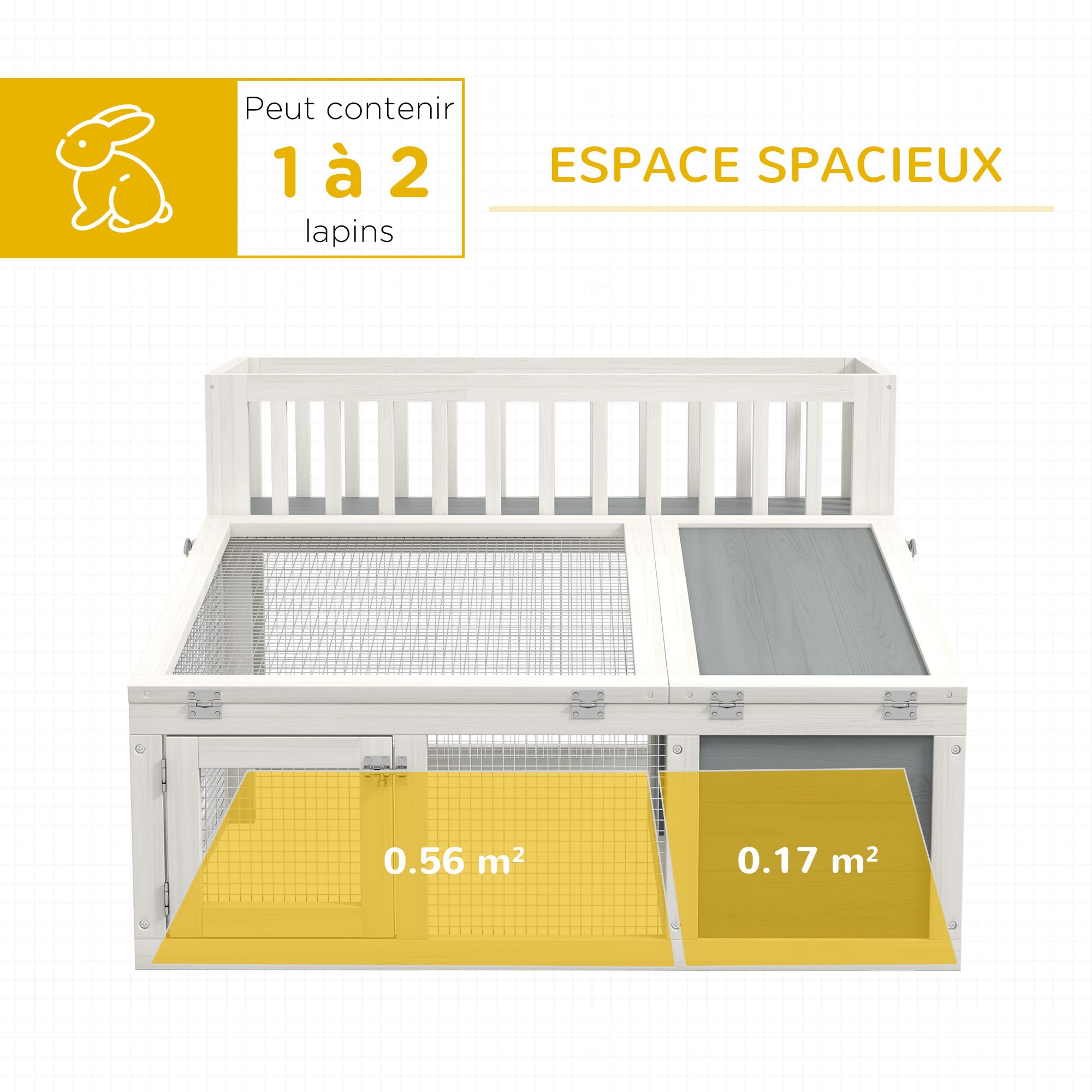 PawHut Clapier, Cage à Lapin en Bois avec étagère pour Plantes Grand Espace en Bois, Plusieurs Portes - Dim. 94L x 90l x 60H cm - Gris et Blanc