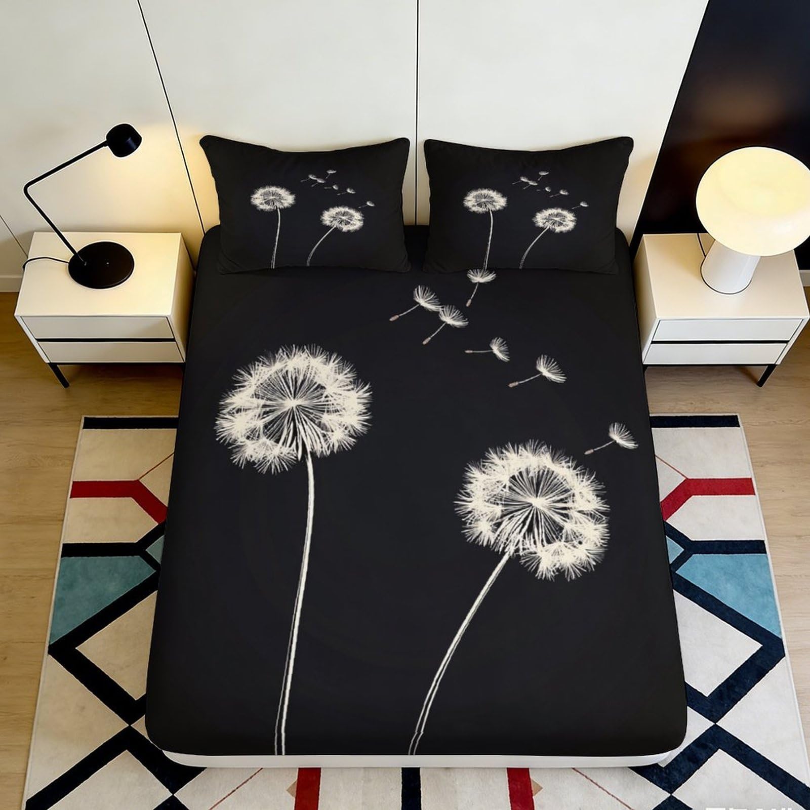 3D Printed Dandelion Fitted Sheet Microfiber Deep Pocket Bedroom Bedding Dandelion Mattress Fitted Cover Non-Slip for Adults 120x200x25cm