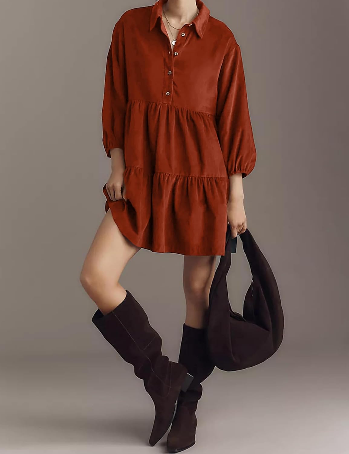 Womens Mini Shirt Corduroy Dress Oversized Lantern Sleeve Turndown Collar Button Up Babydoll Dress with Pockets - Image 4