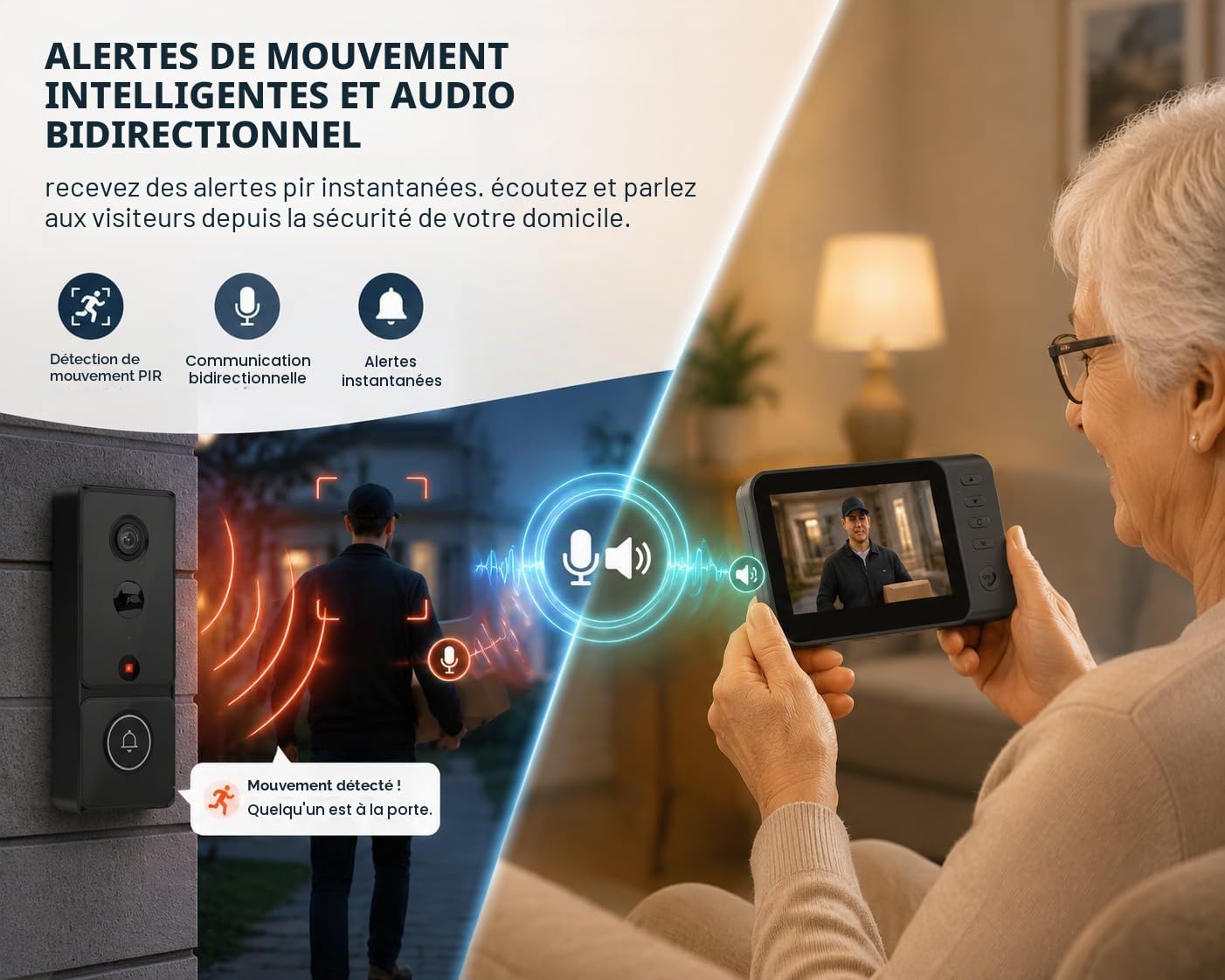 TKMARS Sonnette sans Fil avec Caméra et Ecran Détection de Mouvement PIR Réveil Actif -1080P Visiophone Extérieur Étanche Grand Angle 170°, Vision Nocturne - Interphone sans WiFi pour Maison