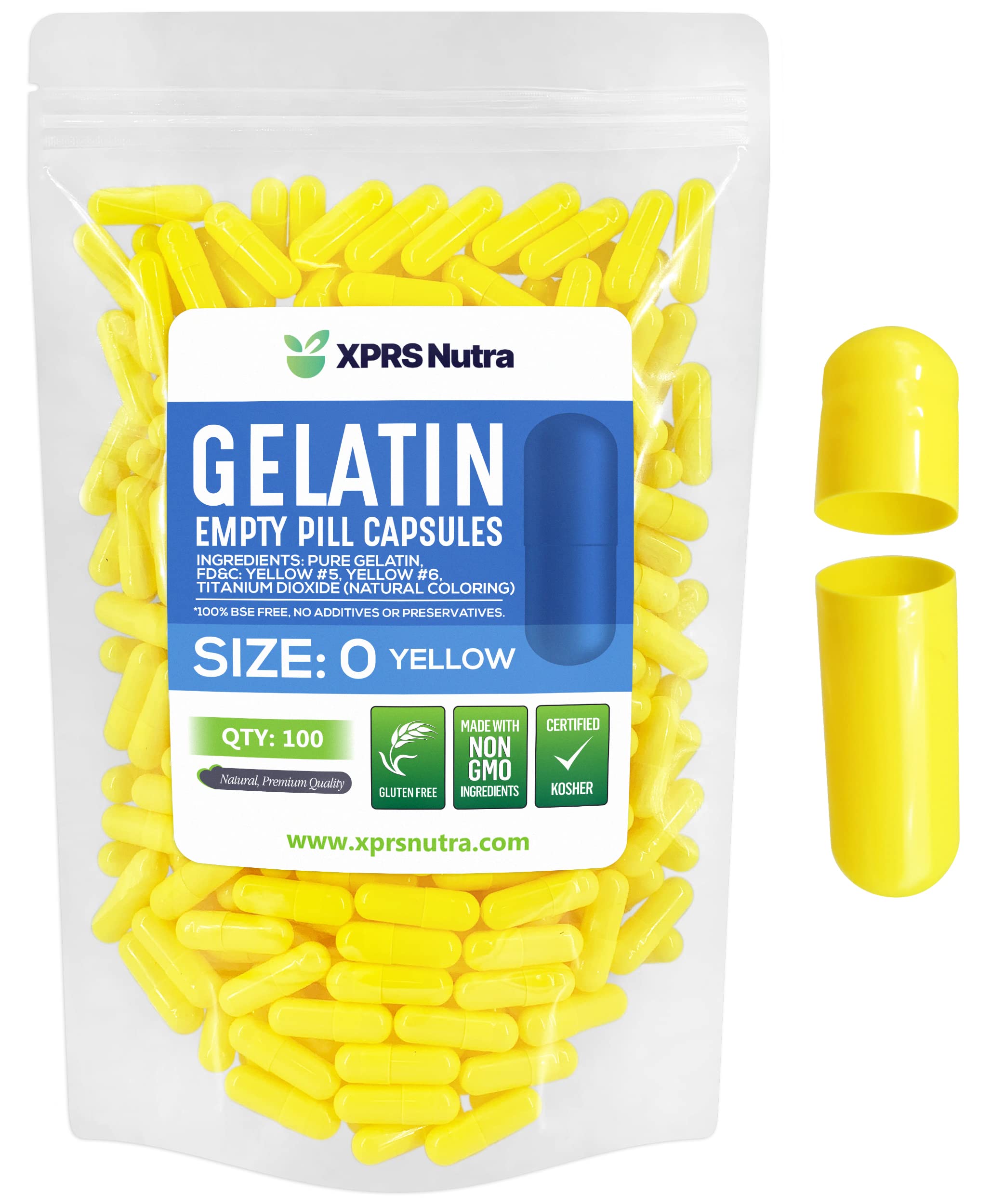 XPRS Nutra Size 0 Empty Capsules - 100 Count Empty Gelatin Capsules - Pills DIY Capsule Filling - Pure Bovine Pill Gel Caps for Do-It-Yourself Supplements (Yellow) 100 Count (Pack of 1) Yellow