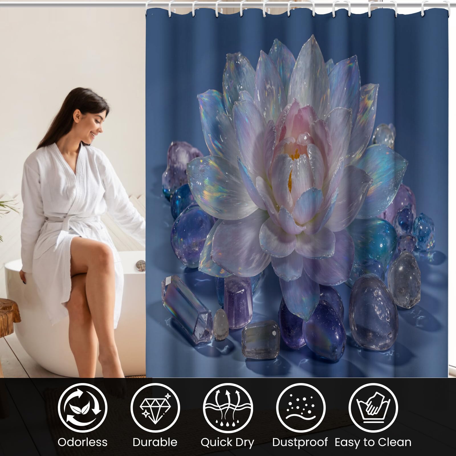 Rideau Douche,Rideau Baignoire Lavable en Machine Rideaux Douche Tissus Lavable Rideau De Baignoire Lavable pour Salle De Bain Domicile Baignoire Famille,Lotus De Cristal,