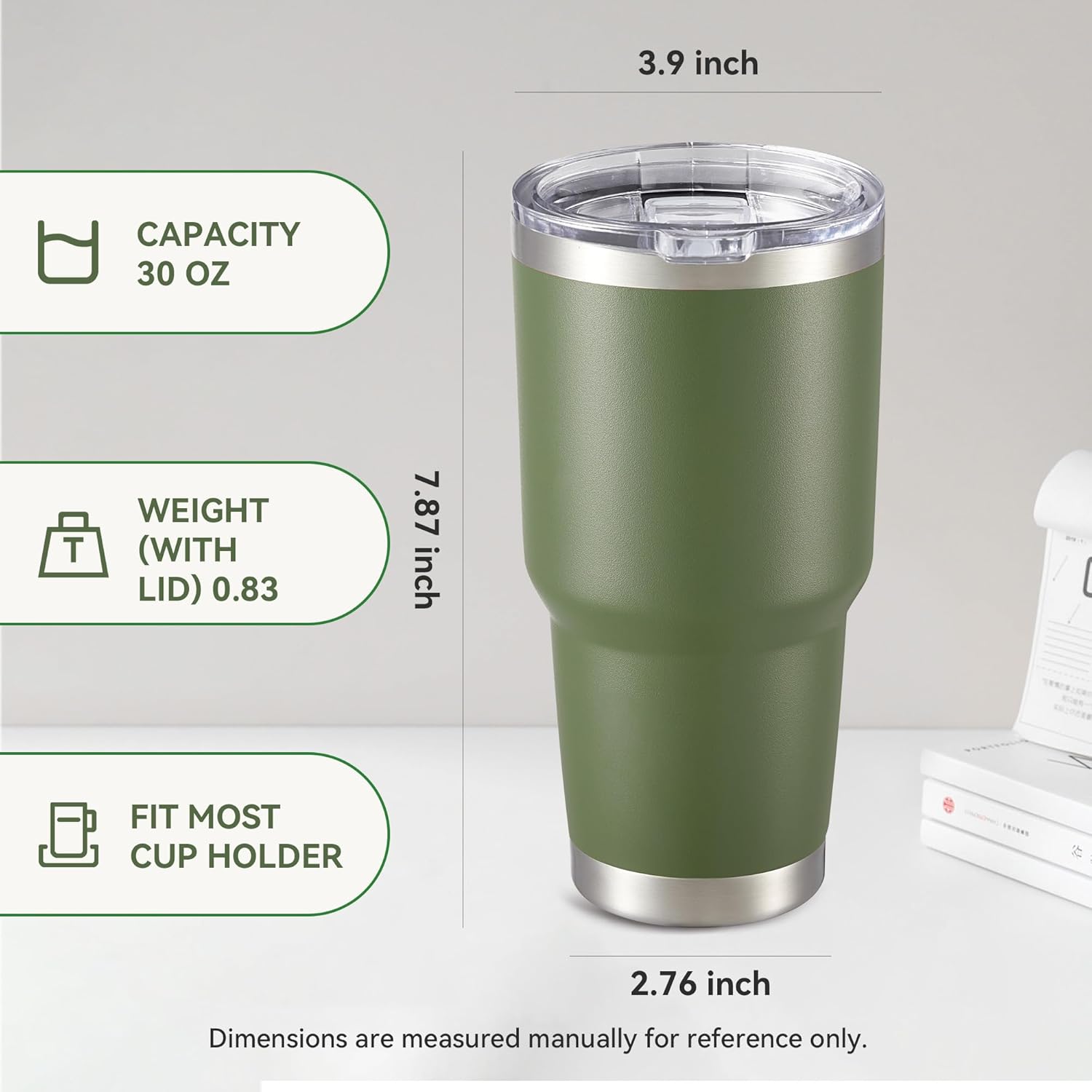 30 oz Tumbler with Lid Stainless Steel Tumblers Vacuum Insulated Cup Reusable Powder Coated Travel Mug Double Wall Leak Proof Portable Cups Keep Cold Drinks for 12 Hours, Army Green, 1 Pack - Image 4