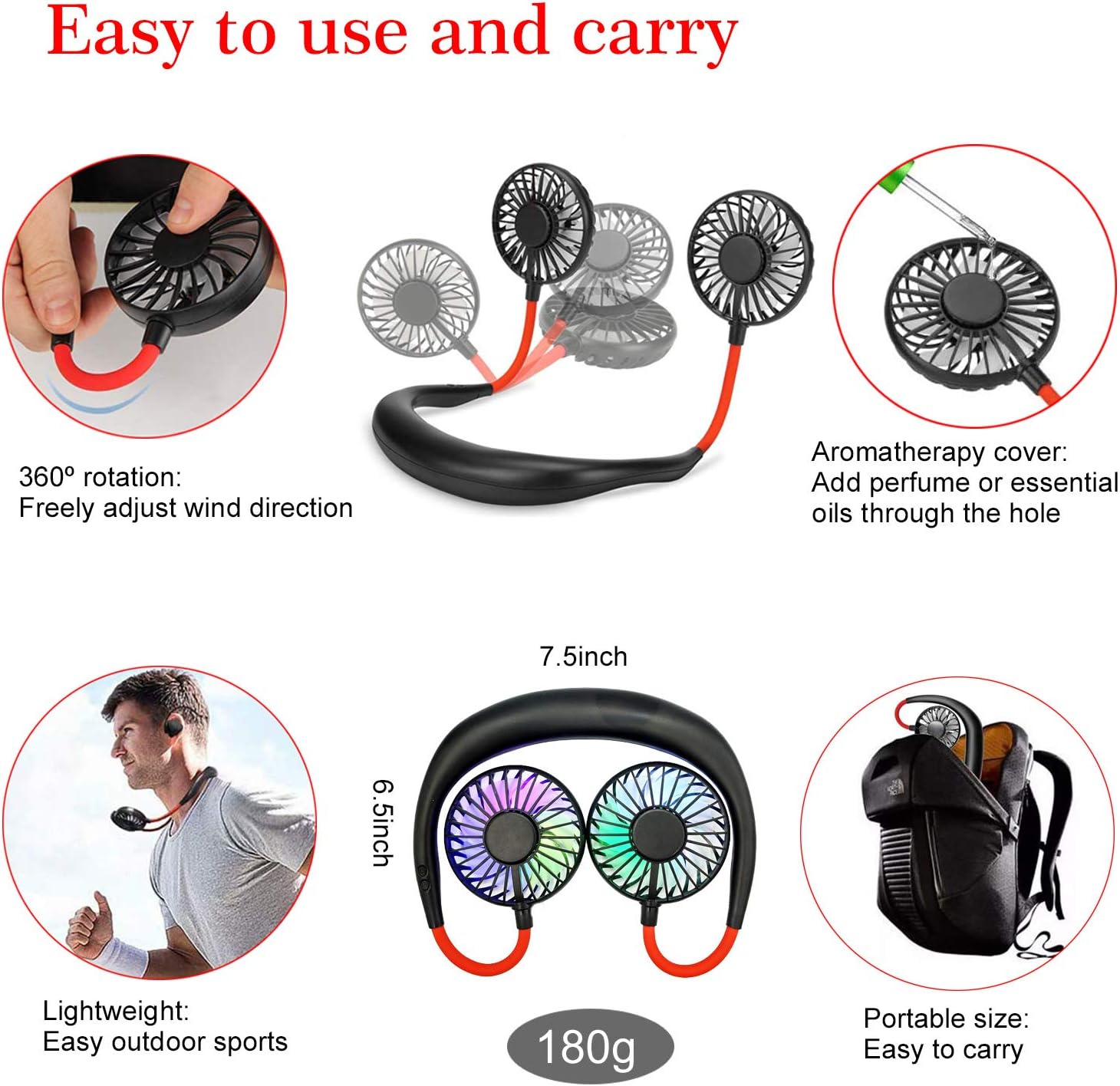 Hand Free Neck Fan, Rechargeable Mini USB Personal Fan, Headphone Design Wearable Neckband Fan with 360° Rotation, 3 Adjustable Speeds(Black+Red) : Everything Else