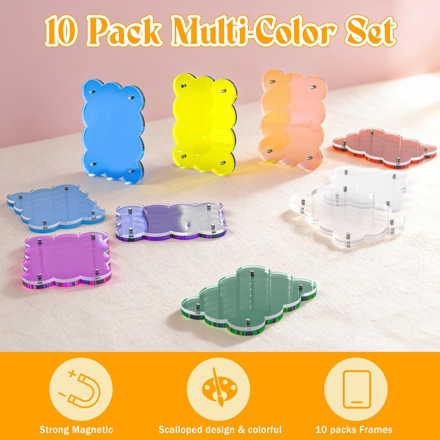 10 Pack 3x4 Acrylic Polaroid Magnets Picture Frame for Refrigerator, Scalloped Clear Frames for Instax Photo, Wallet Size Mini Frame for Fridge (Muliti-Color)