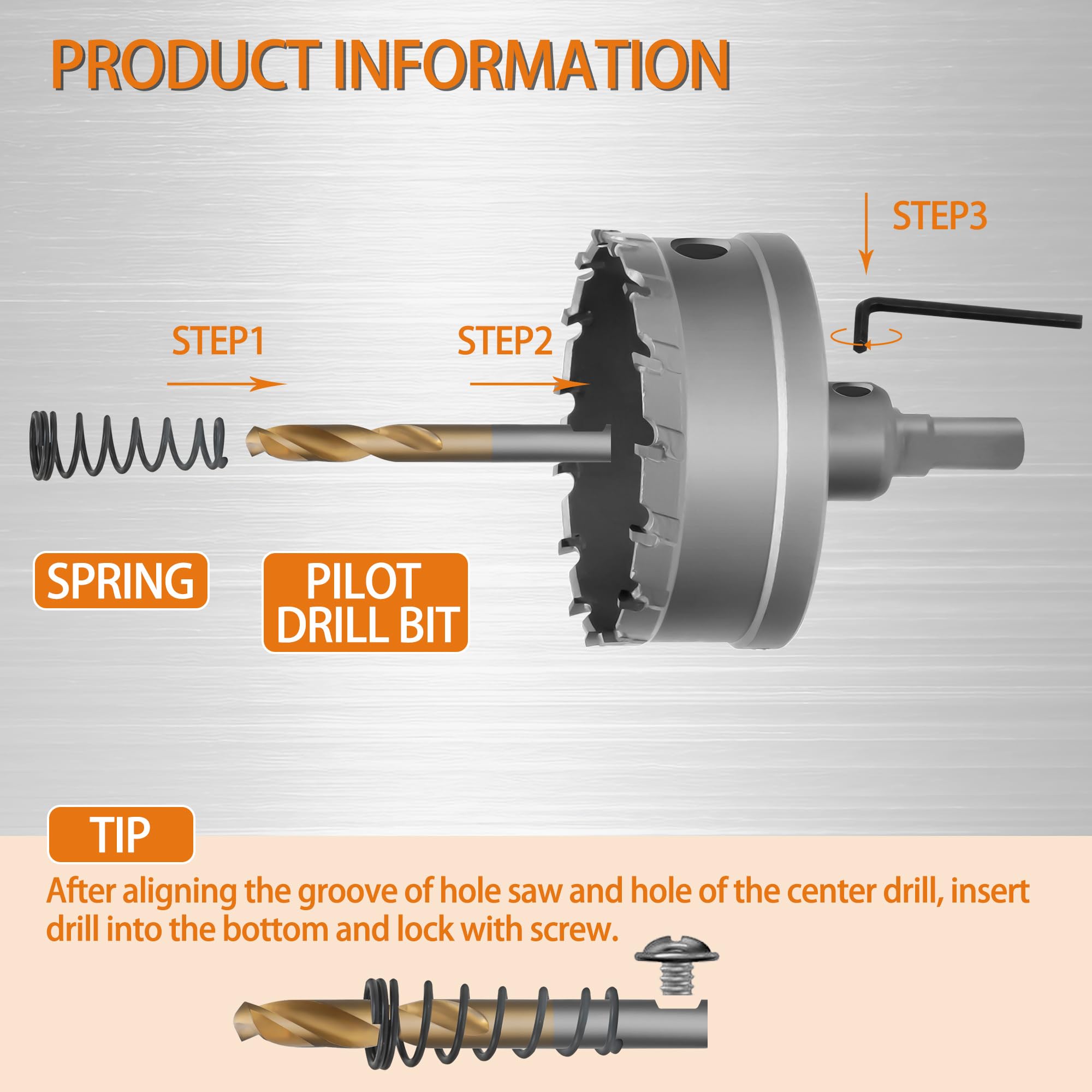 RKK Sierra perforadora de carburo de tungsteno para metal duro, acero, hierro, madera, plástico con 1 broca piloto chapada en titanio (76 mm)