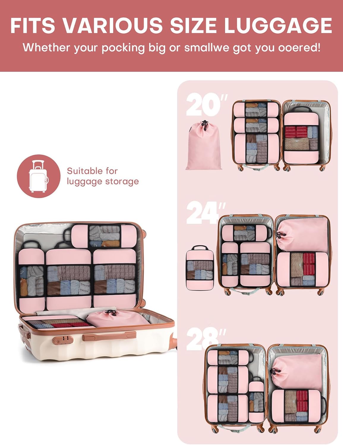 6 PCS Set Compression Packing Cubes for Travel, Lightweight Packing Organizer Bags Travel Essentials for Carry On, Suitcase, Home Closet - Pink - Image 2