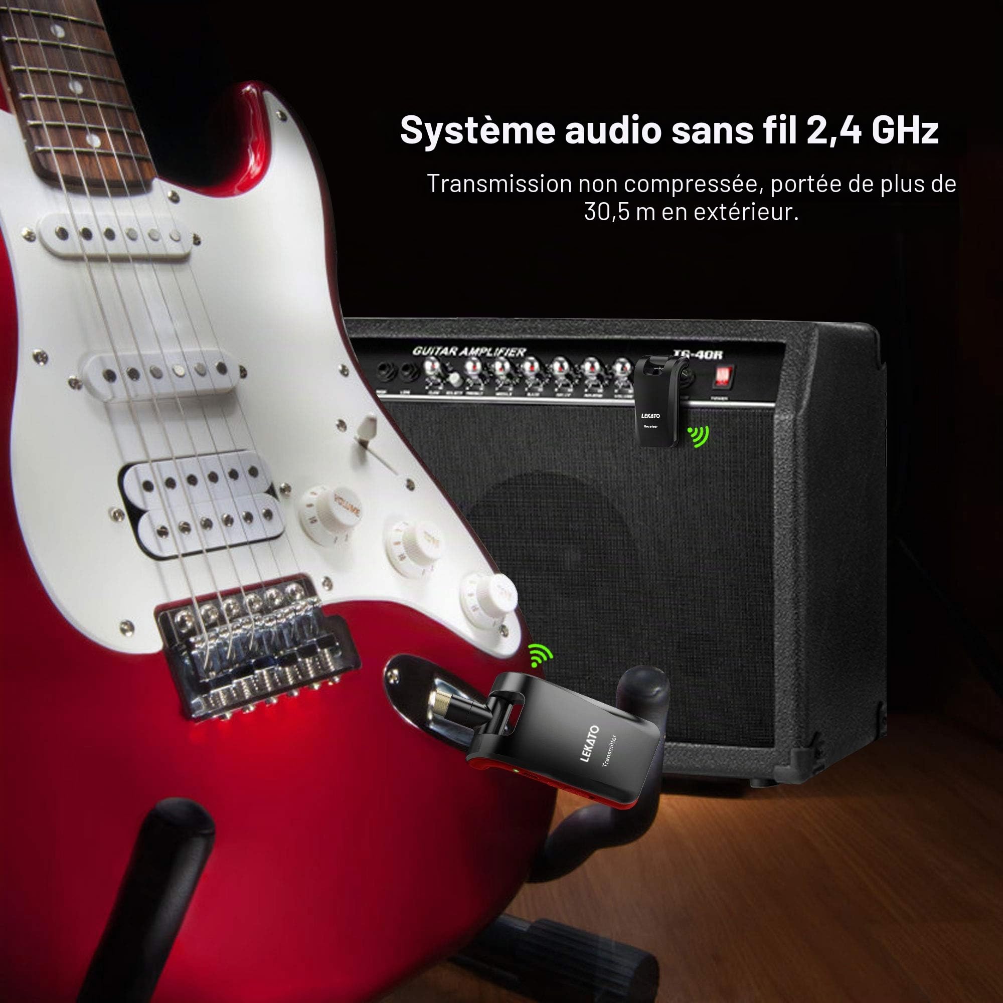 LEKATO Système de guitare sans fil Émetteur et récepteur de guitare stéréo sans fil 1/4"et 1/8" Fiches 2 en 1 6 canaux 2,4 GHz Rechargeable pour guitare électrique, basse, clavier