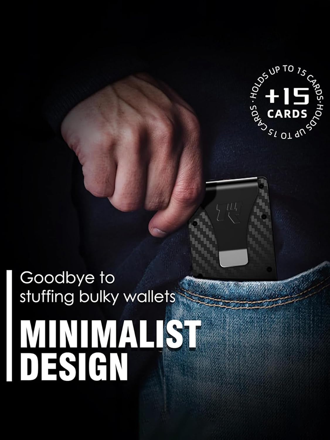Carbon Fiber Money Clip Wallet for Men, RFID Protection, Ultra-Slim Minimalist Design, 15-Card Capacity, Compact with Round Corners