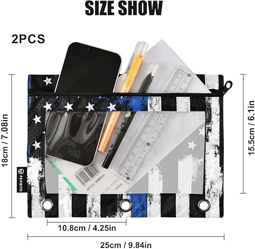 Miniatura 2 de Fisyme Blue Line - Estuche para lápices de la bandera estadounidense de policía para carpetas de 3 anillas, estuche para lápices con cremallera con