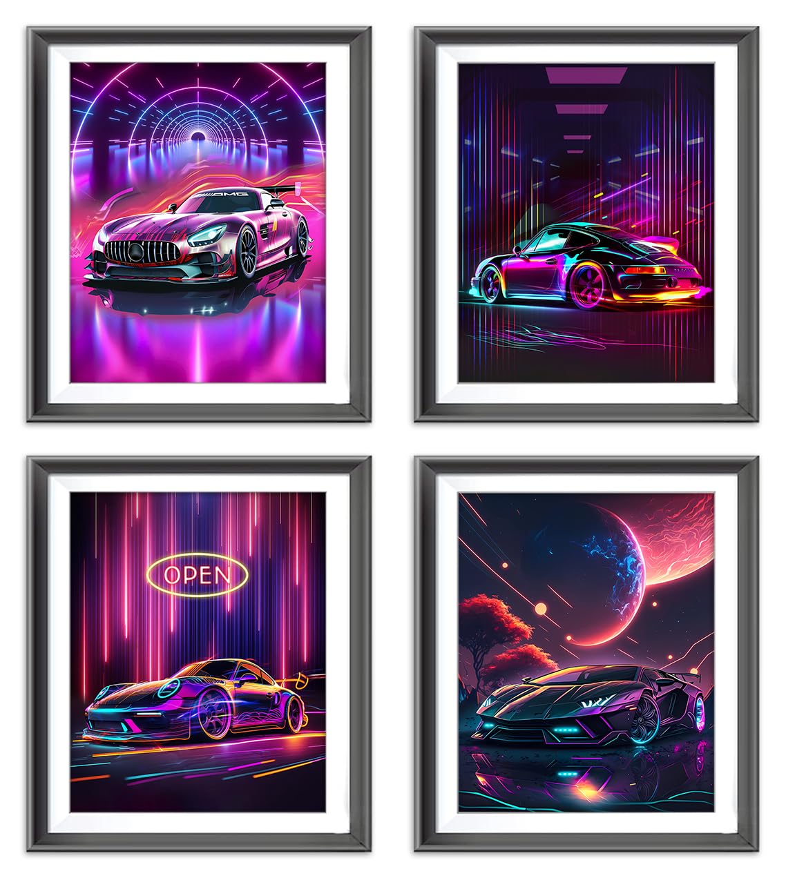 LNLAGBO Neon Sports Car Posters,Neon Luxury Car Wall Art,Street Racing Poster Watercolor Cars Room Decoration for Teenage Boys Bedroom Decoration Sports Poster Set of 4 (8”X10” Unframed)