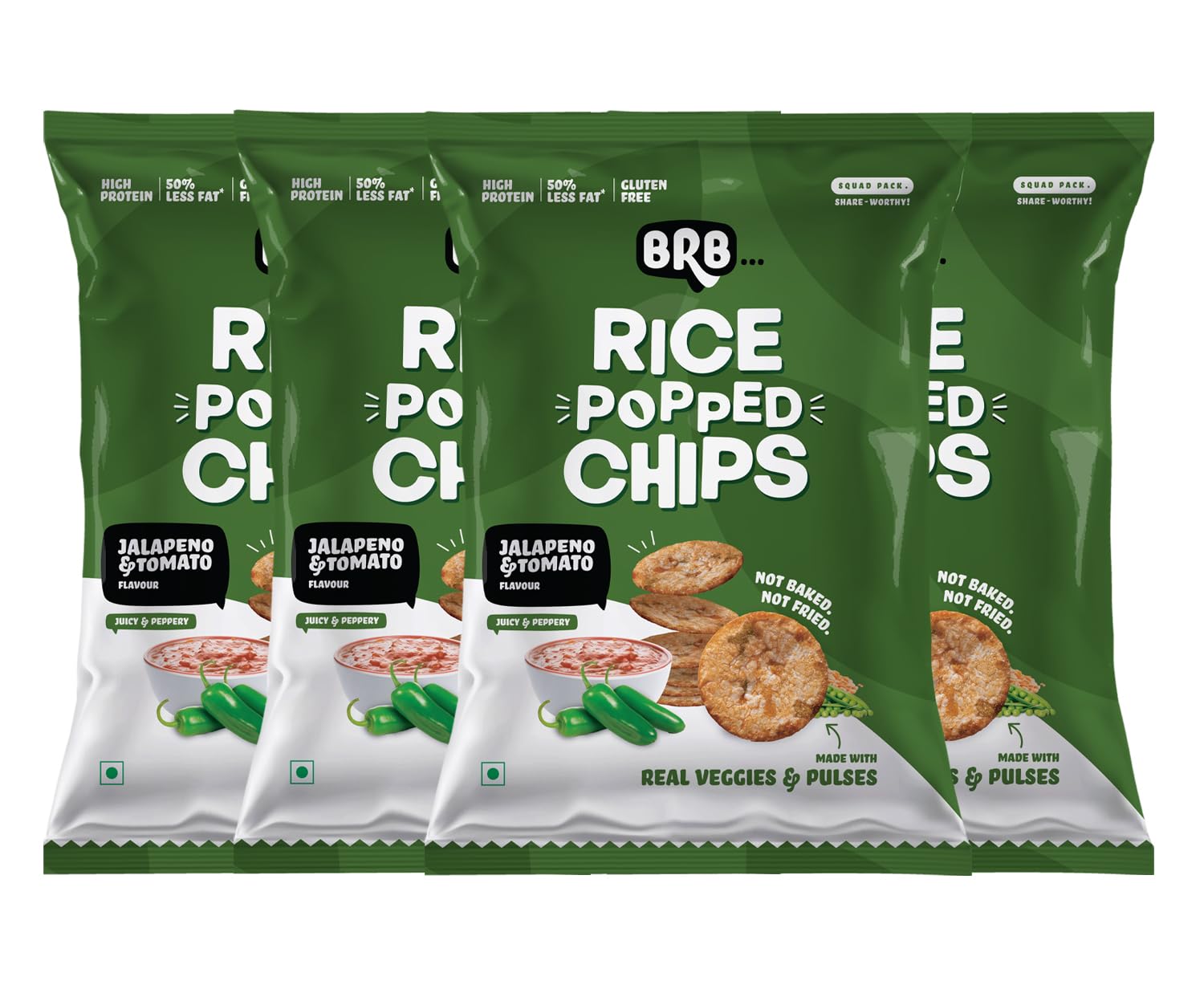 BRB Rice Popped Chips | Jalapeno & Tomato | Pack of 4 X 48g Value Pack | 50% Less fat | High Protein | Gluten Free