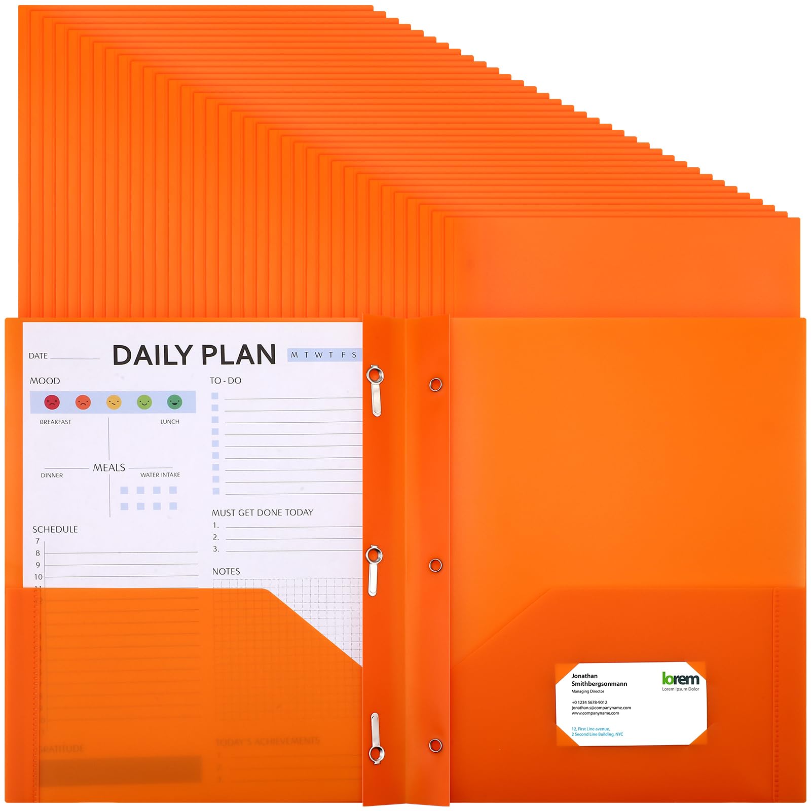 Patelai Lot de 48 dossiers en plastique avec poches, 2 pochettes robustes avec 3 broches et attaches pour l'école et le bureau (orange)