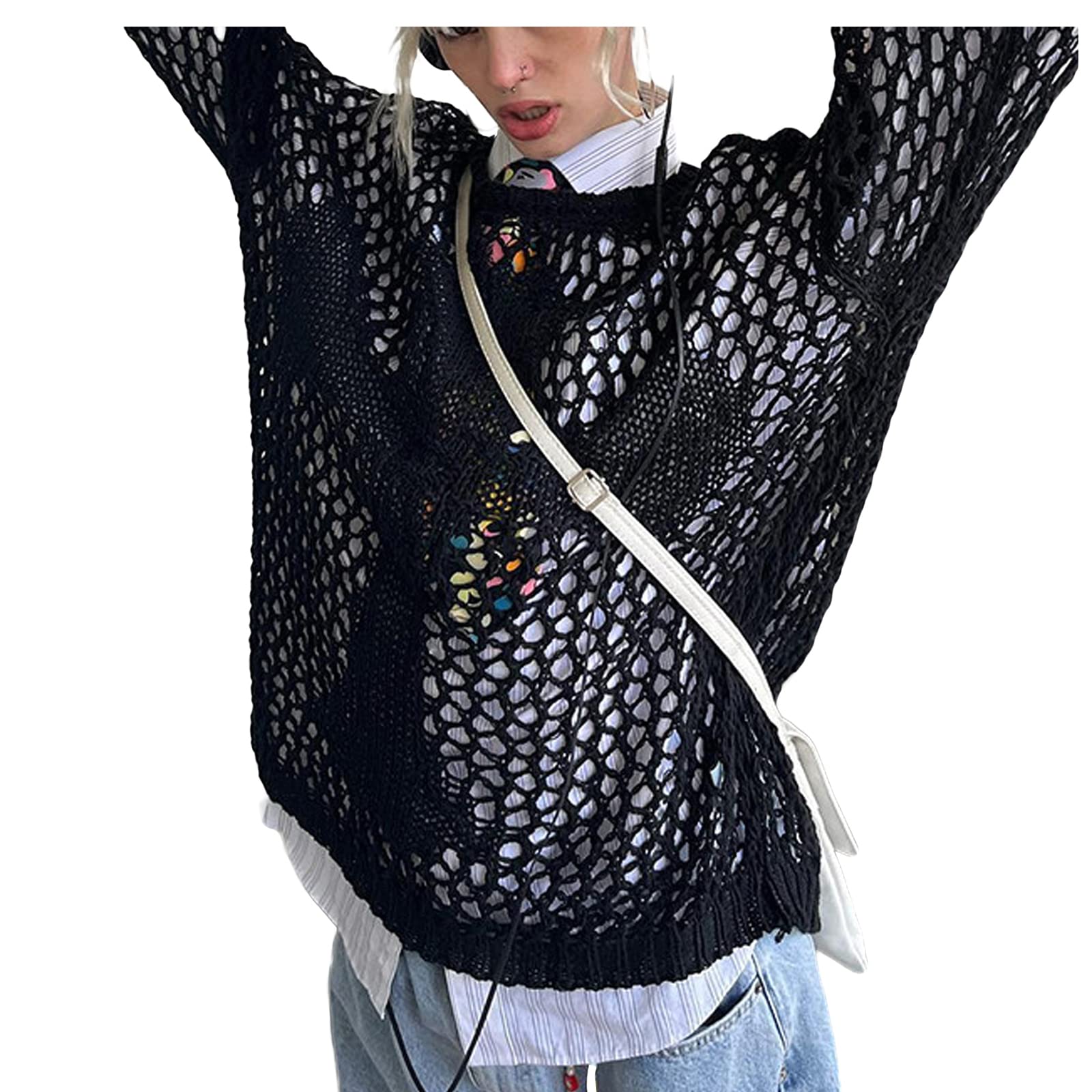 HOXIJIA Women Long Sleeve Sweaters Hollow Out Loose Round Neck Off Shoulder Crochet Cutout Fishnet Pullover Knitwear