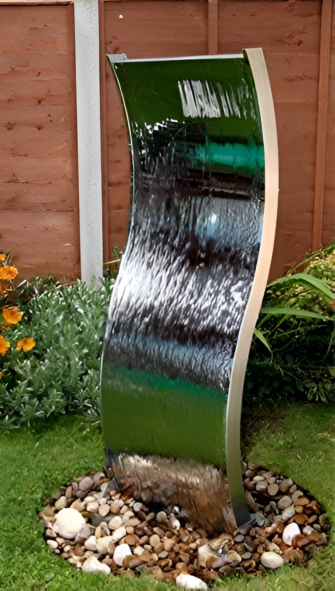 Primrose Silver 180Cm Curved Wall Vertical Wave Stainless Steel Double Sided Water Feature With Plastic Reservoir