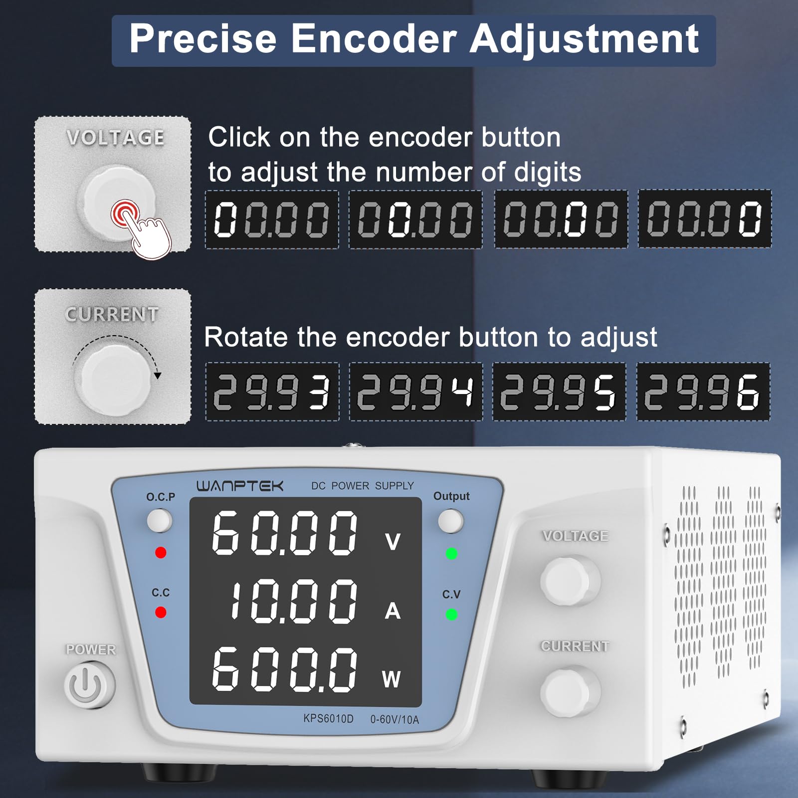 Alimentatore da Laboratorio 60V 10A 600W, Alimentatore da Banco DC Regolabile ad Alta Potenza, Display LED 4 Cifre ad Alta Precisione, Controllo Encoder e Pulsante Output