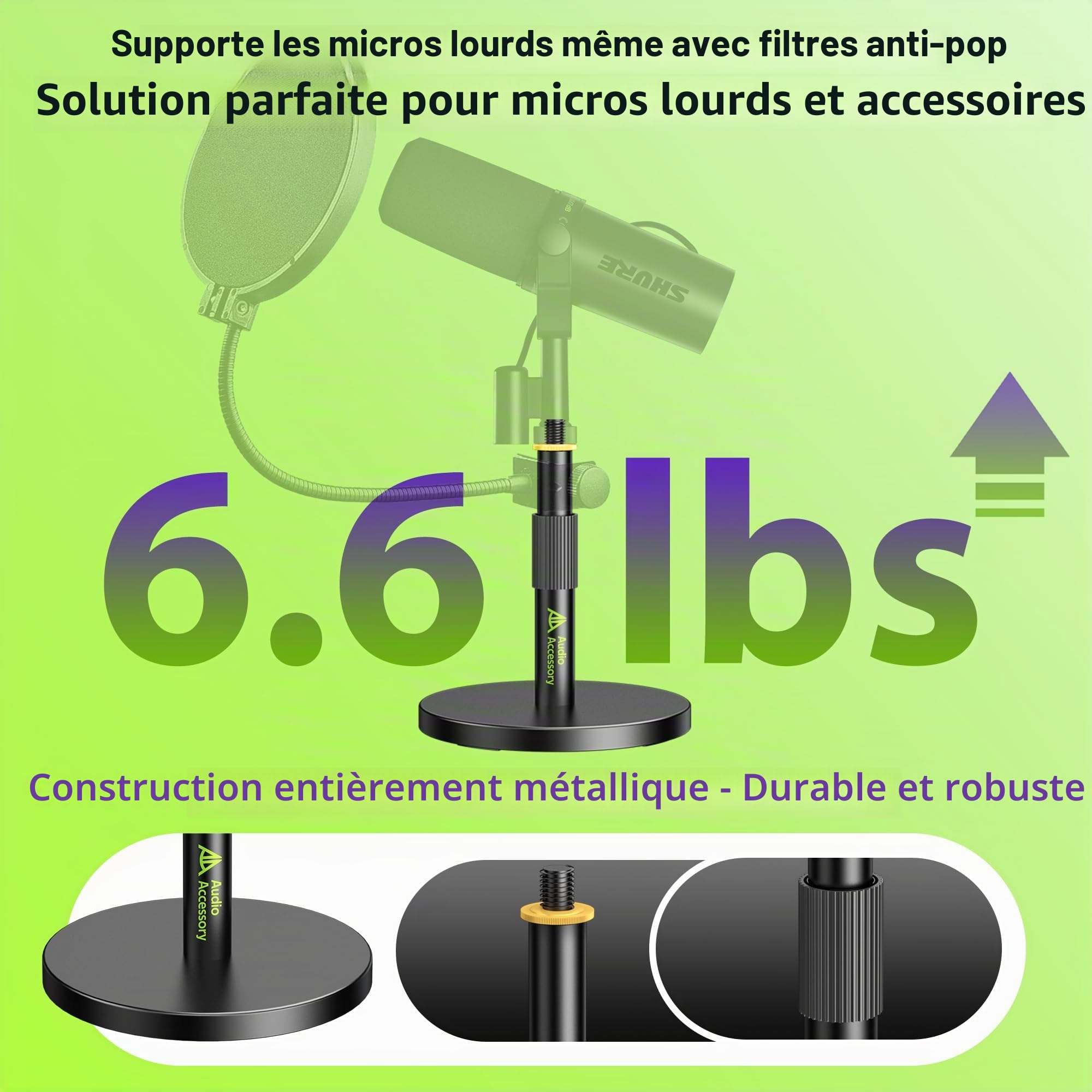 AA AUDIO ACCESSORY Support pour microphone de bureau court, Ultra bas 12,7 cm réglable, capacité de charge 3 kg, support de table pour microphone de bureau tout métal pour Shure SM7B SM7dB MV7+ MV7X