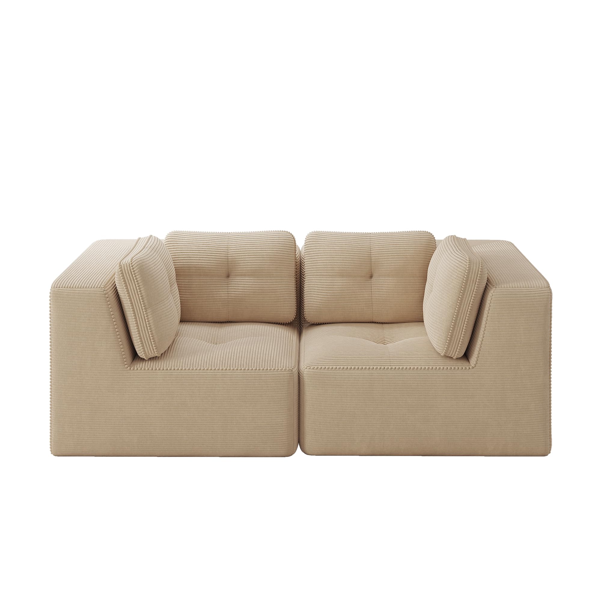 Sofa 2-osobowa ze sztruksu, modułowa, bezramowa, beżowa, głęboka siedziska